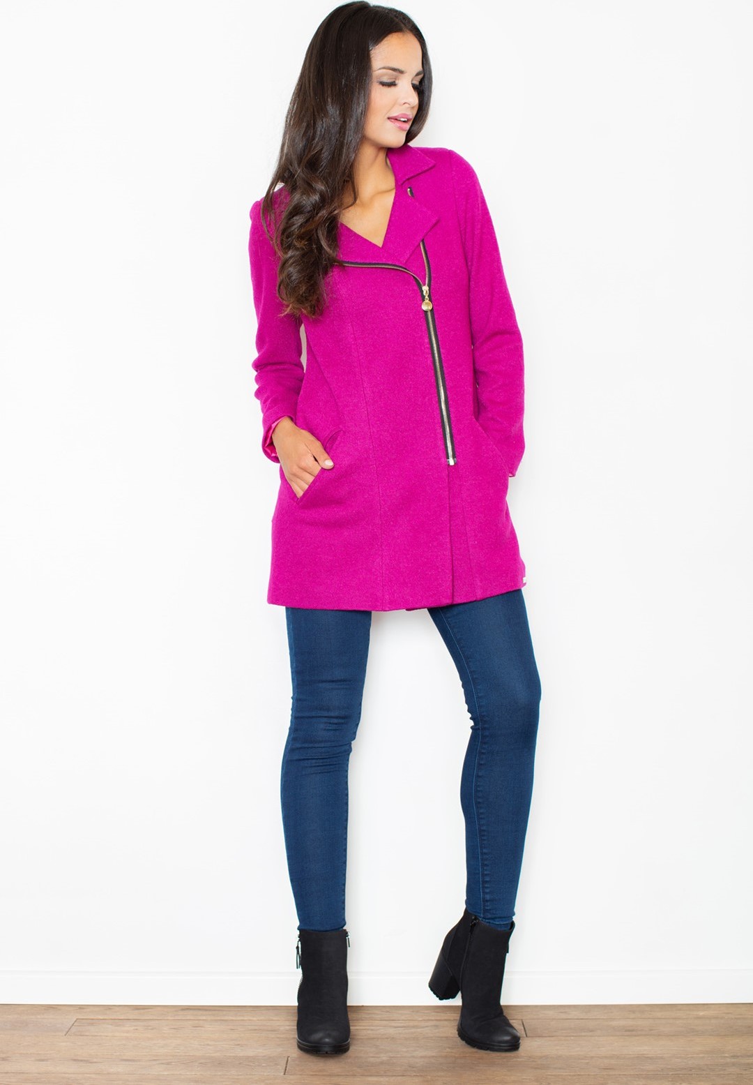 Fuchsiový kabát s krátkym zipsom M405 Fuchsia Veľkosť: XL