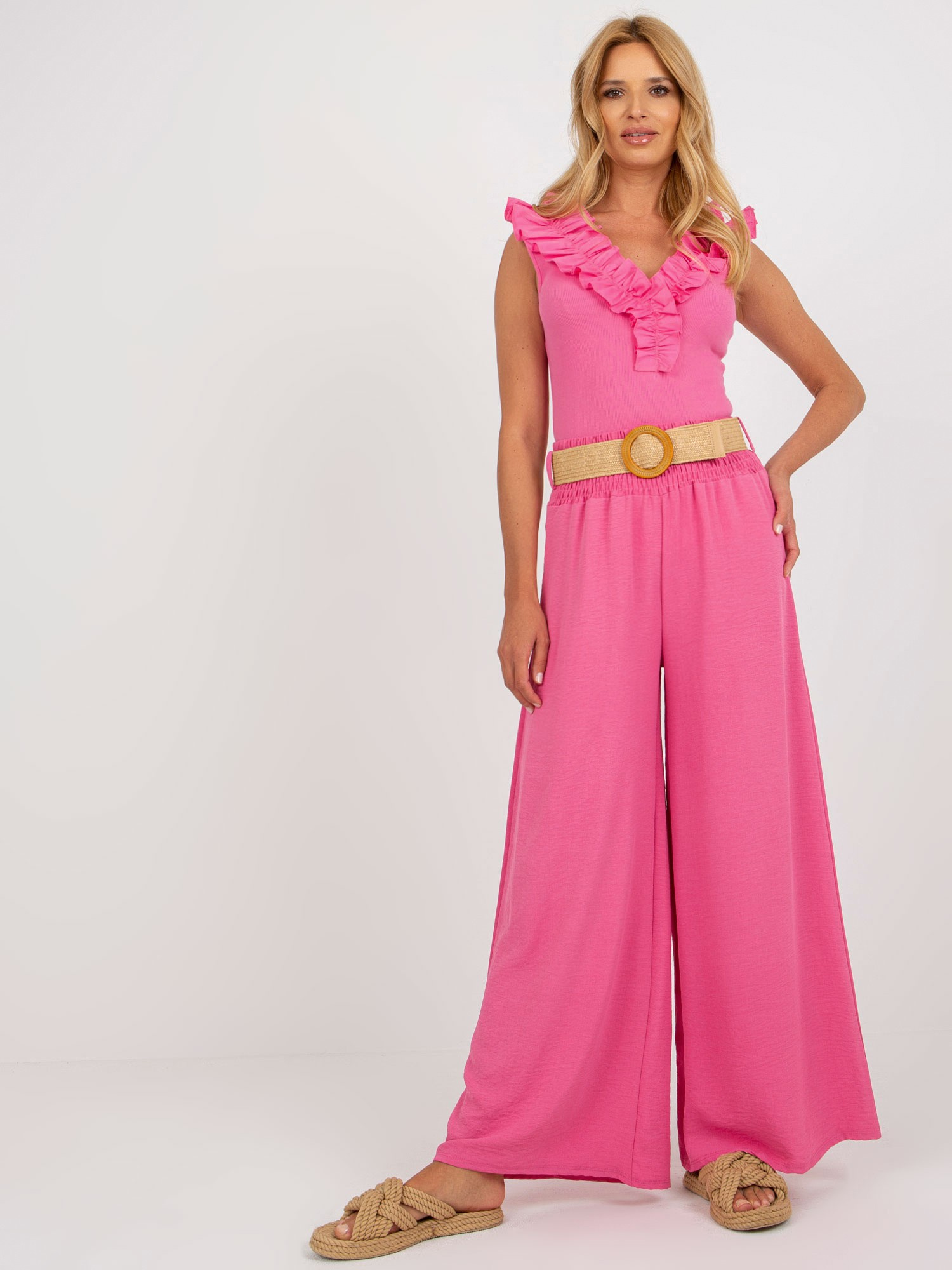 Ružové široké nohavice s pásikom DHJ-SP-8387.57-pink Veľkosť: ONE SIZE