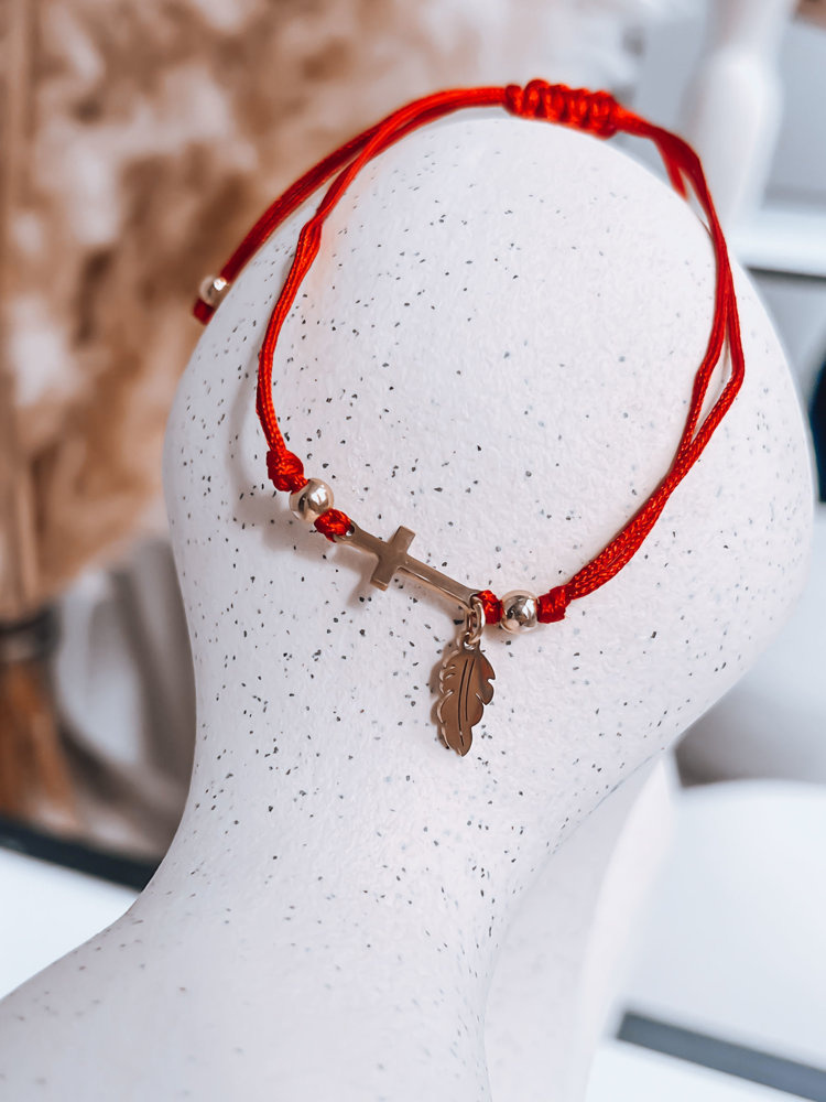 Červený náramok HEARTBEAT s krížikom a pierkom LY0076 Veľkosť: ONE SIZE