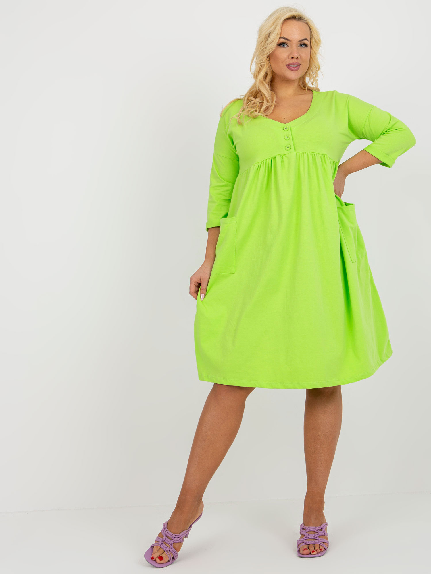 Limetkové šaty s 3/4 rukávom RV-SK-8529.37P-limon Veľkosť: ONE SIZE