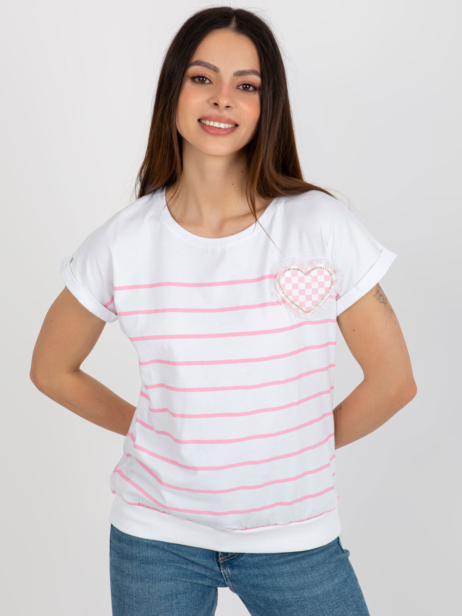 BIELO-RUŽOVÉ PRUHOVANÉ TRIČKO SO SRDIEČKOM RV-BZ-8733.29-WHITE-PINK Veľkosť: ONE SIZE