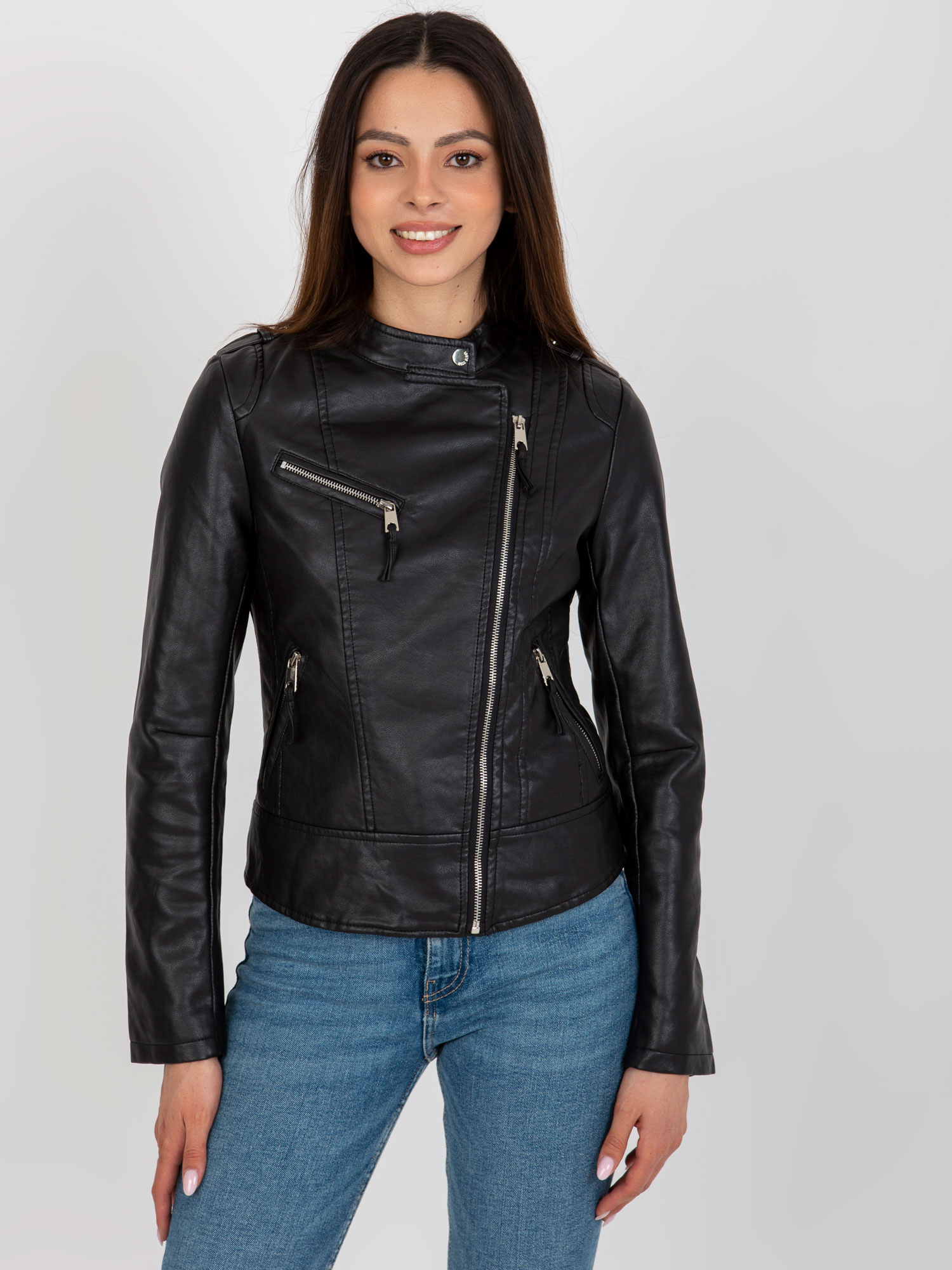 Čierna koženková bunda so zipsami HM-KR-269.53-black Veľkosť: XL