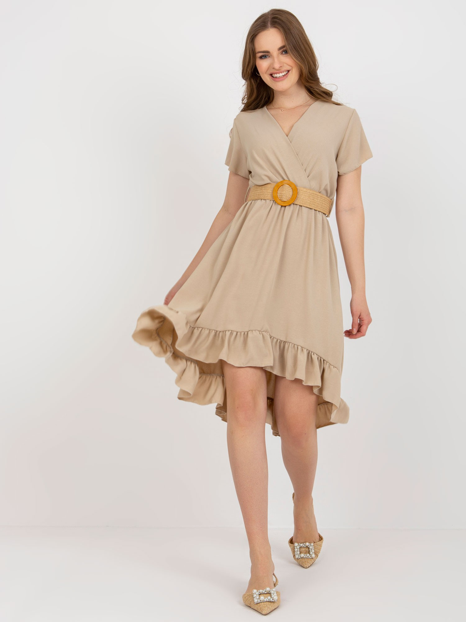 Béžové letné midi šaty s krátkym rukávom a volánom DHJ-SK-8358.19-beige Veľkosť: ONE SIZE