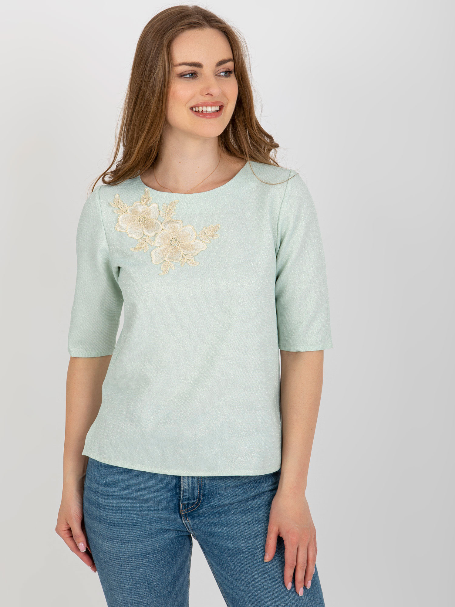 Mintová lesklá blúzka s 3/4 rukávom LK-BZ-506609.77-mint Veľkosť: 36