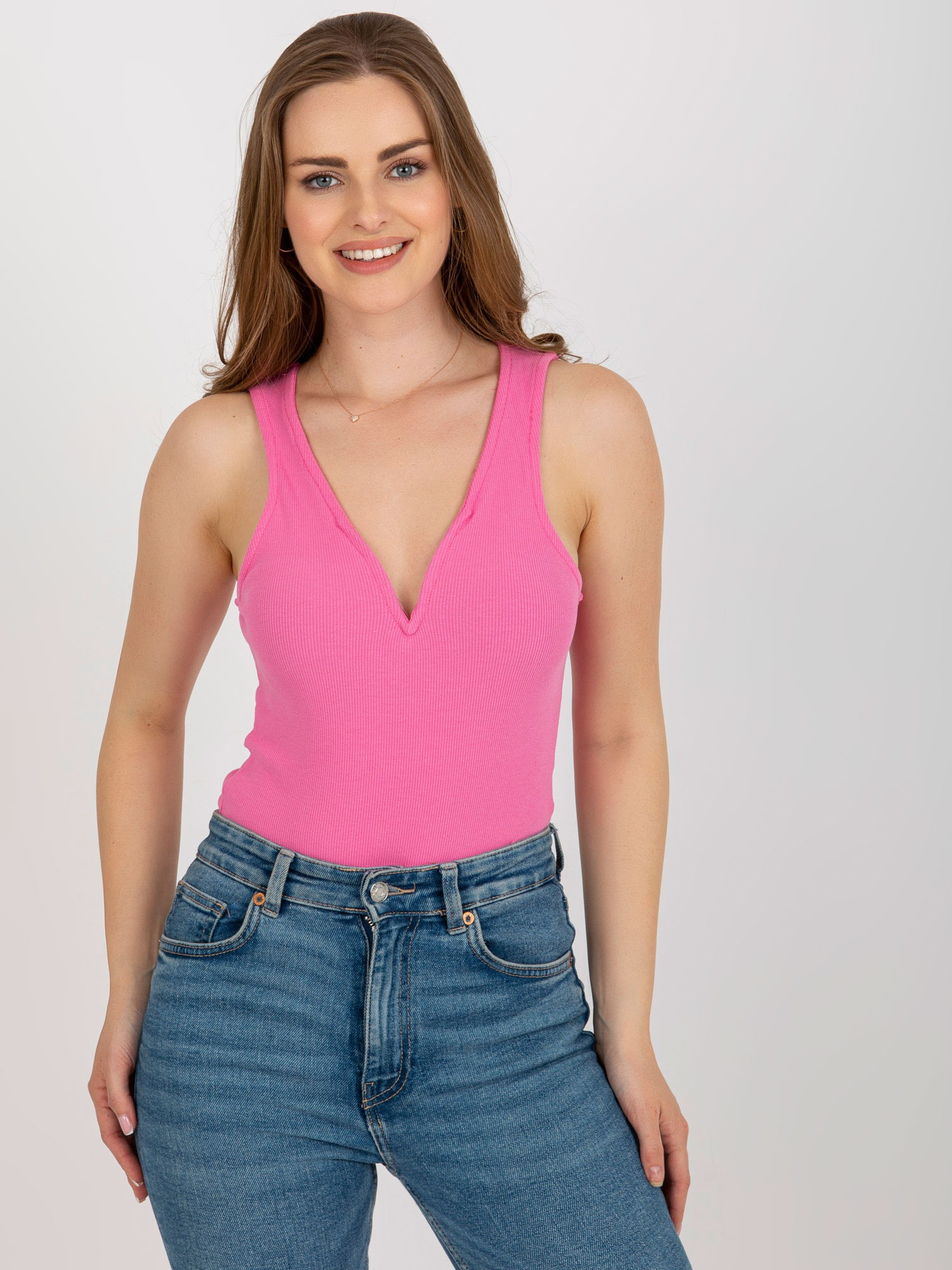 Ružové dámske rebrované body s výstrihom NM-BO-L55093.29-pink Veľkosť: ONE SIZE