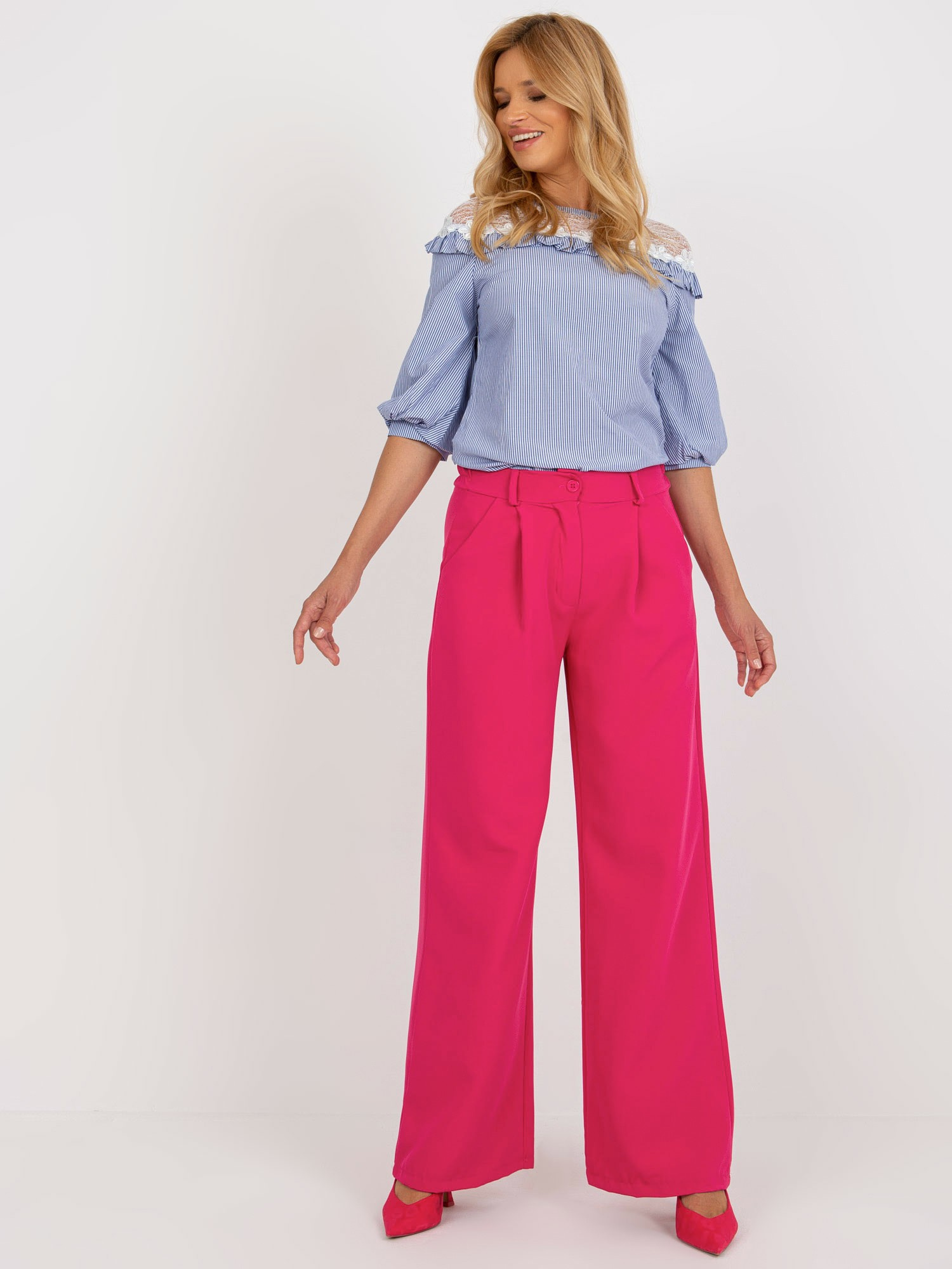 Tmavoružové elegantné široké nohavice DHJ-SP-15679-1.30X-dark pink Veľkosť: S