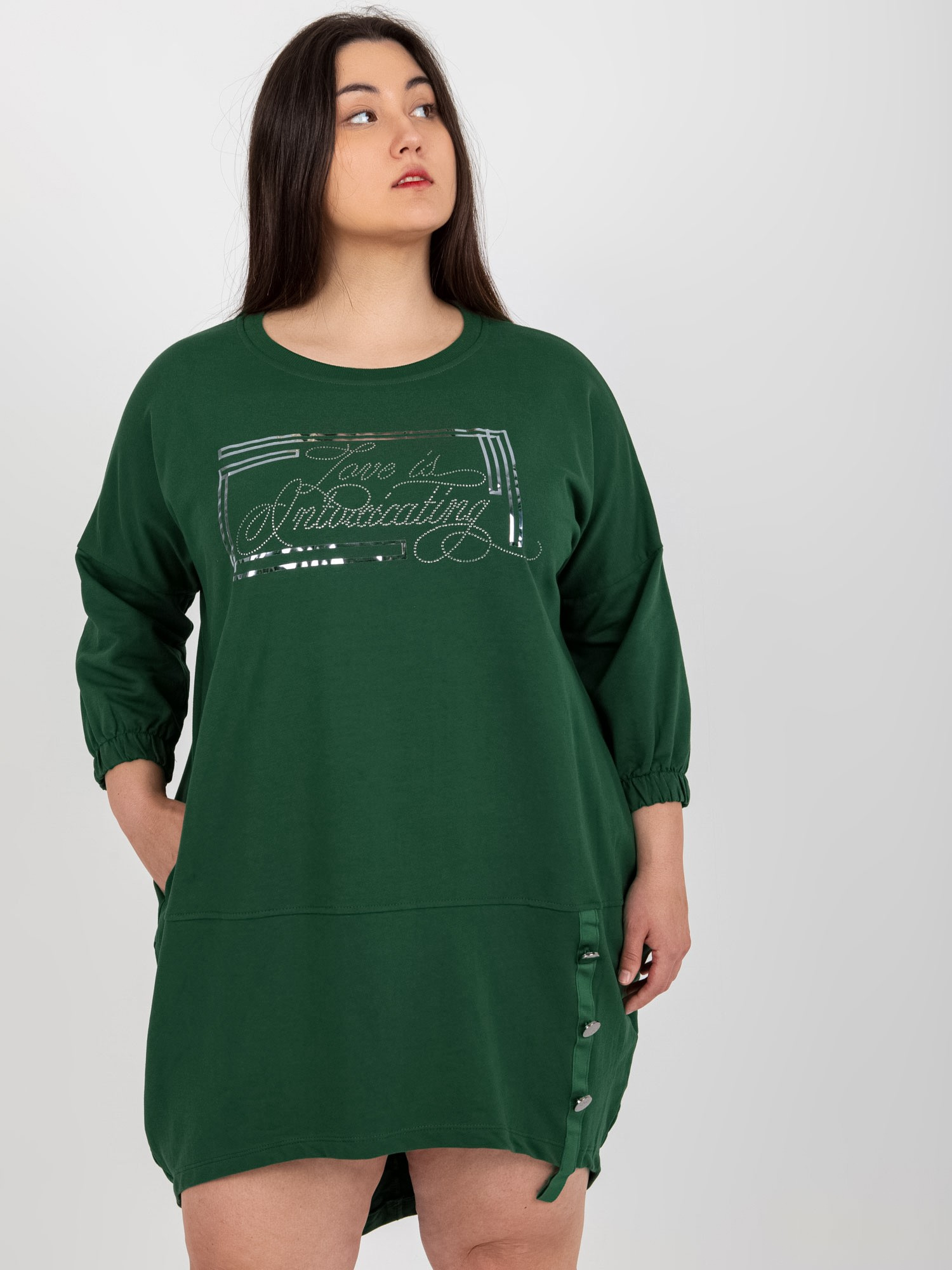 Tmavozelená asymetrická tunika s nápisom RV-TU-7505.15-dark green Veľkosť: ONE SIZE