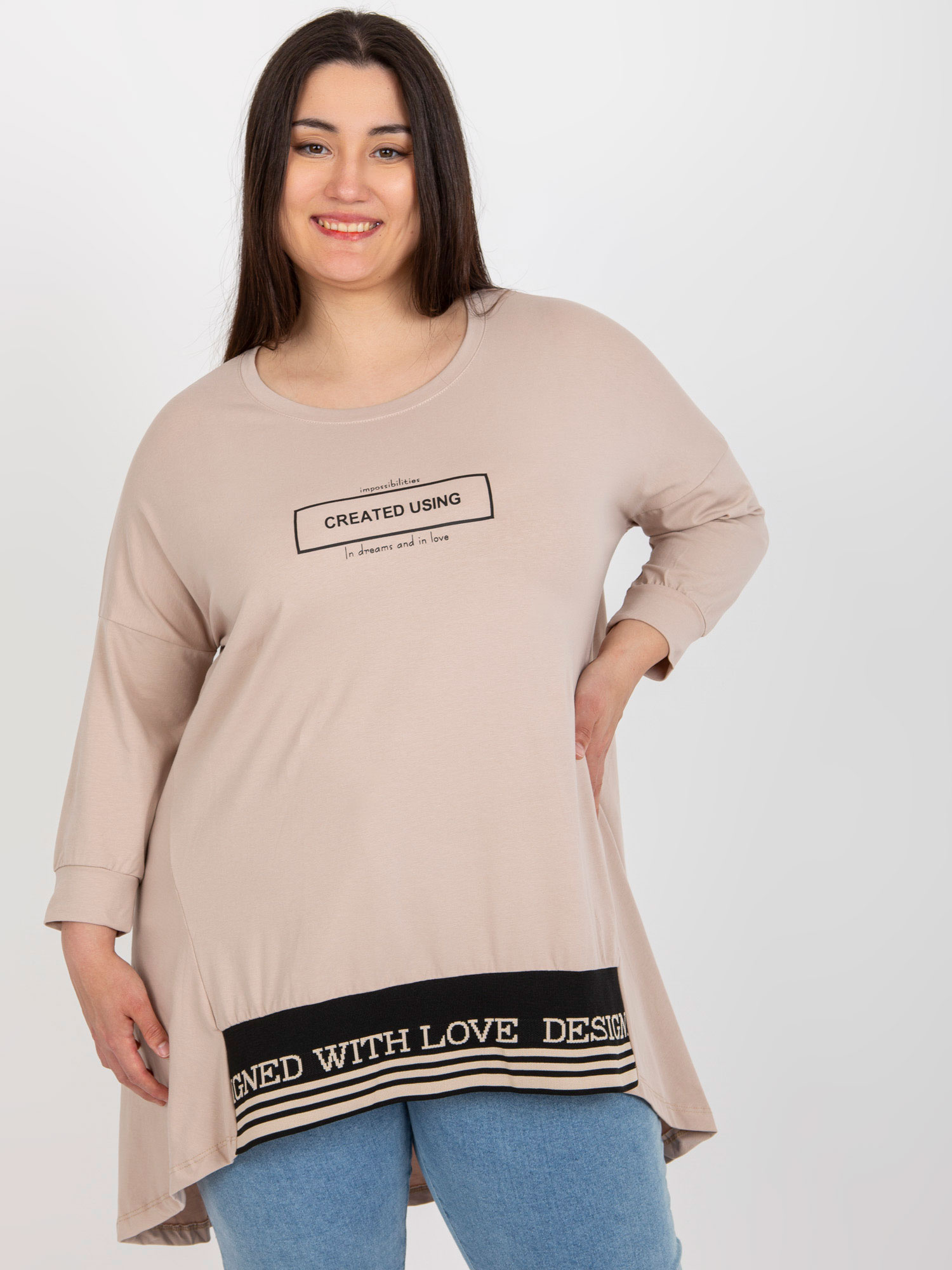 Béžová asymetrická tunika s potlačou RV-TU-7779.69-beige Veľkosť: ONE SIZE
