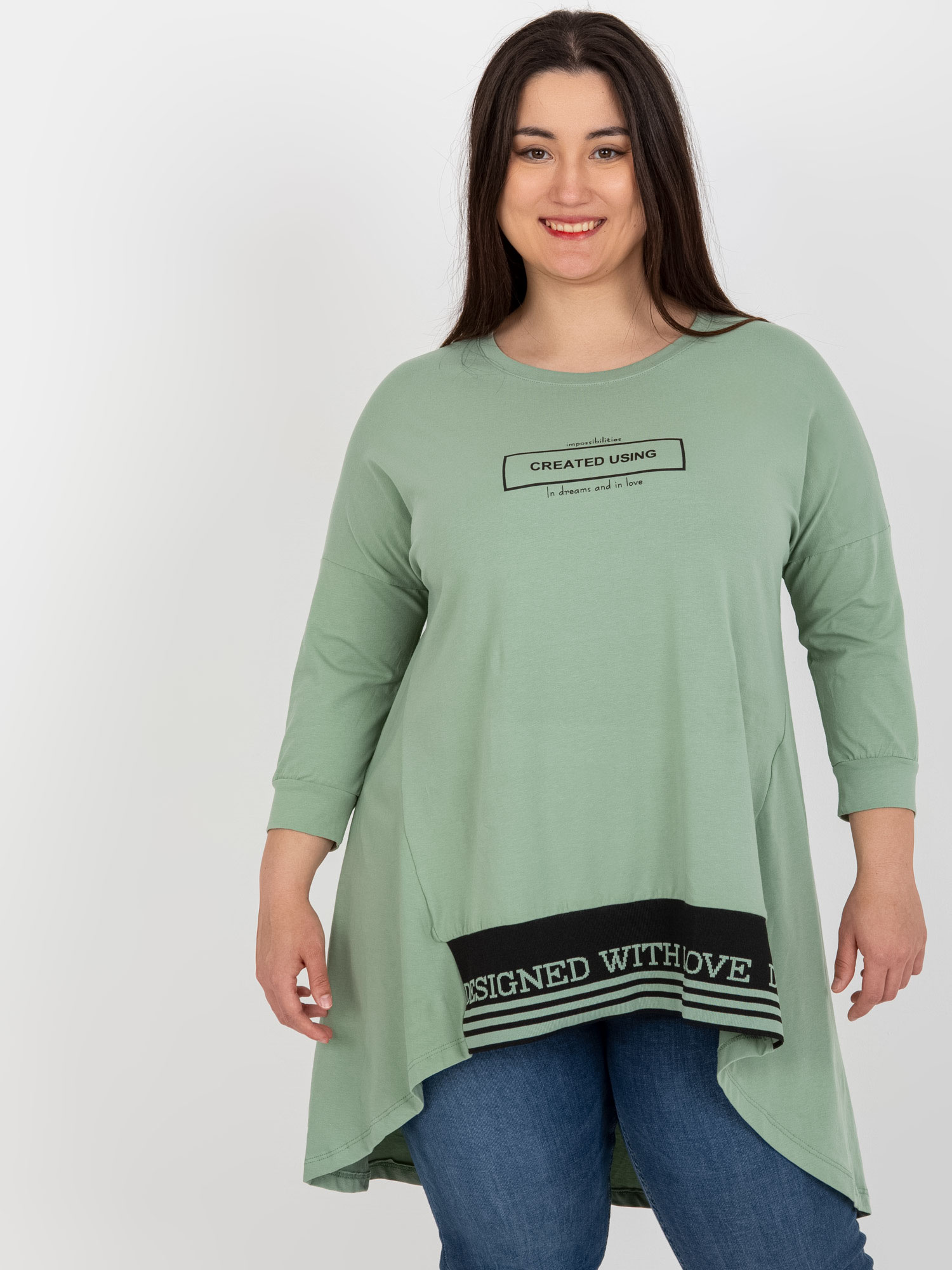 Zelená asymetrická tunika s potlačou RV-TU-7779.69-green Veľkosť: ONE SIZE