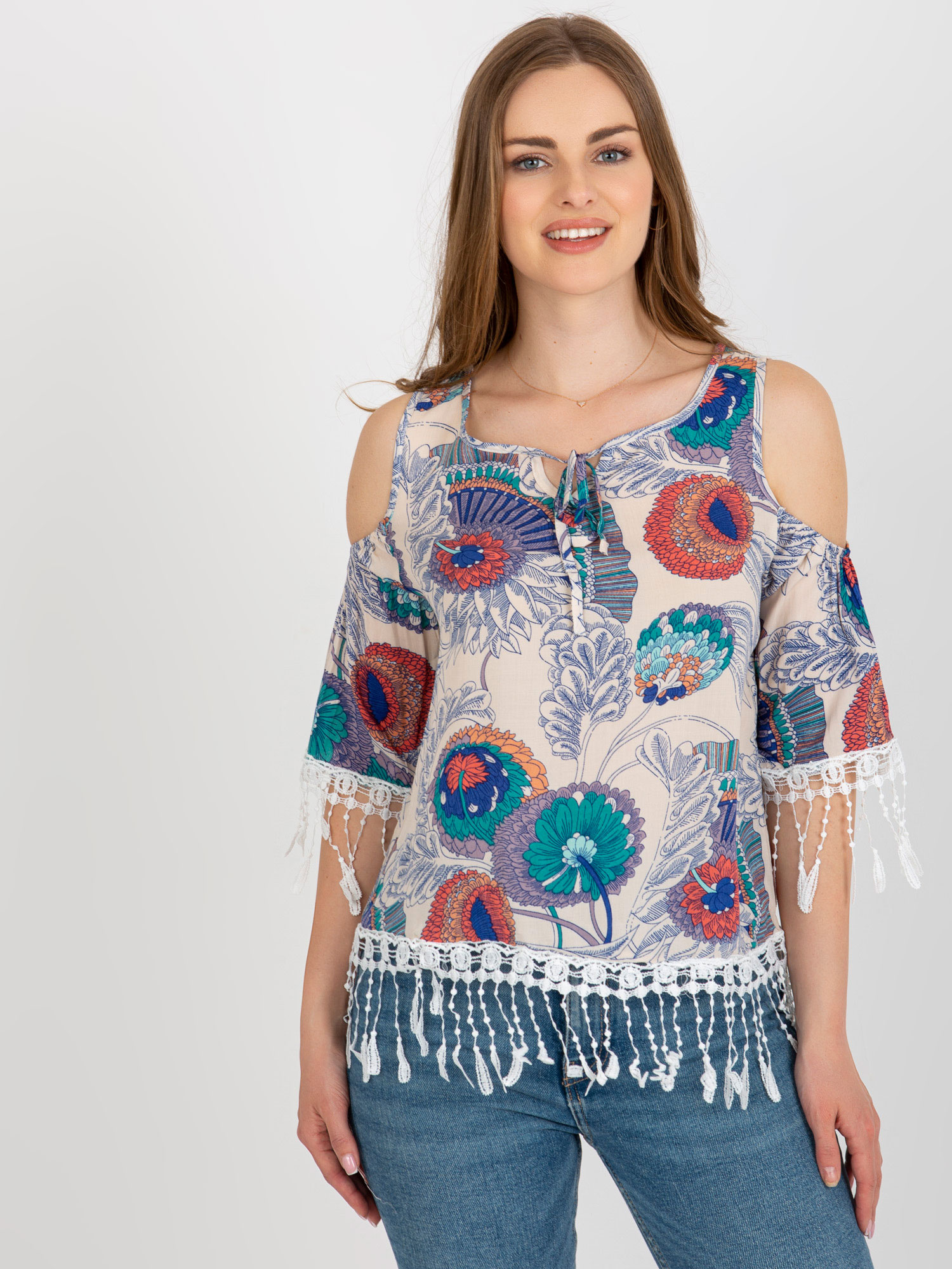 Béžovo-modrý vzorovaný top so strapcami AT-BZ-2601.67-beige Veľkosť: ONE SIZE