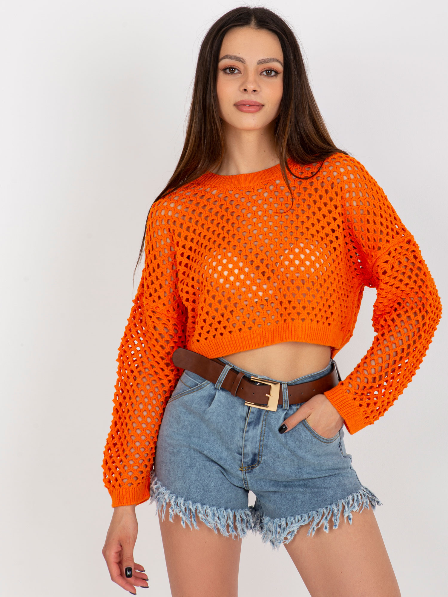 Oranžový háčkovaný crop sveter -BA-SW-9008.35P-orange Veľkosť: ONE SIZE