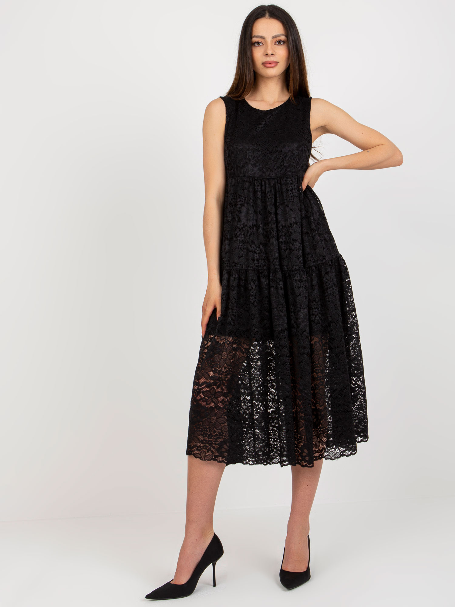 Čierne čipkové midi šaty -TW-SK-BI-8246.37X-black Veľkosť: S