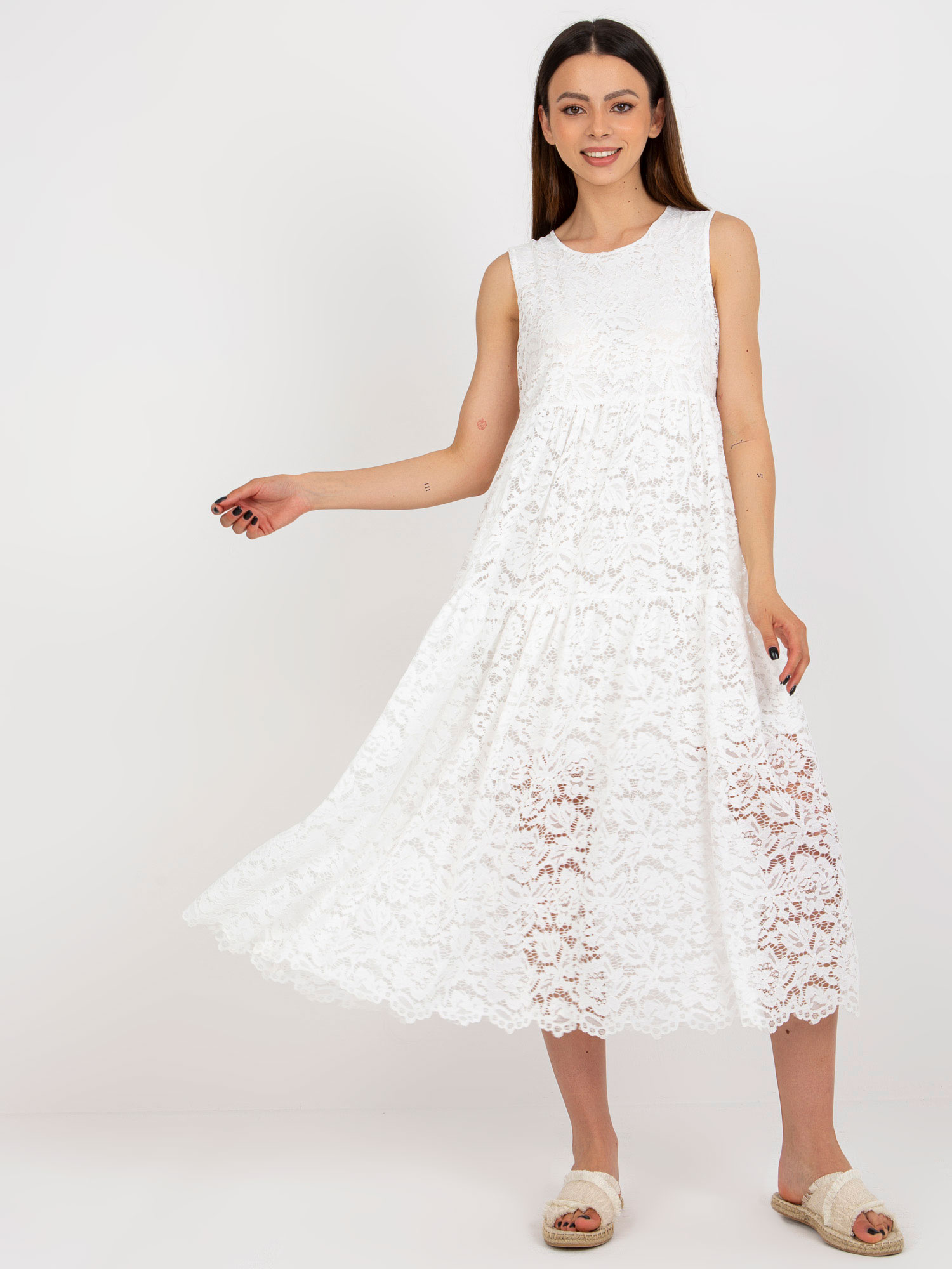 Biele krajkové midi šaty -TW-SK-BI-8246.37X-white Veľkosť: S