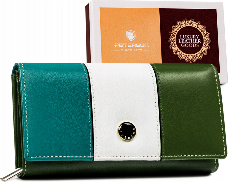 Peterson Trojfarebná - bielo - zeleno - modrá kožená dámska peňaženka Y162 [DH] PTN RD-07-GCL-S Veľkosť: ONE SIZE