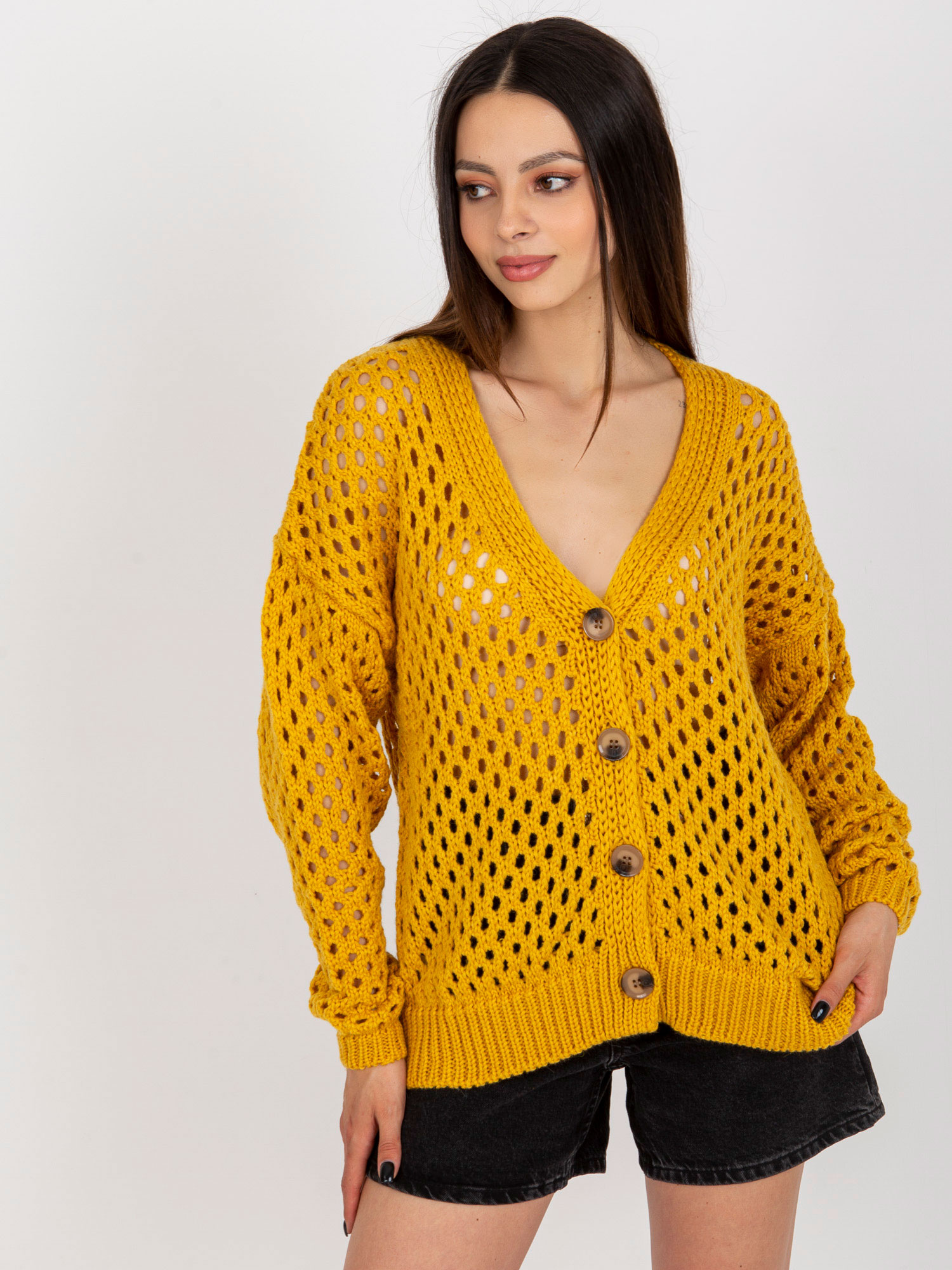 Horčicový dierkovaný sveter na gombíky BA-SW-9009.26P-dark yellow Veľkosť: ONE SIZE