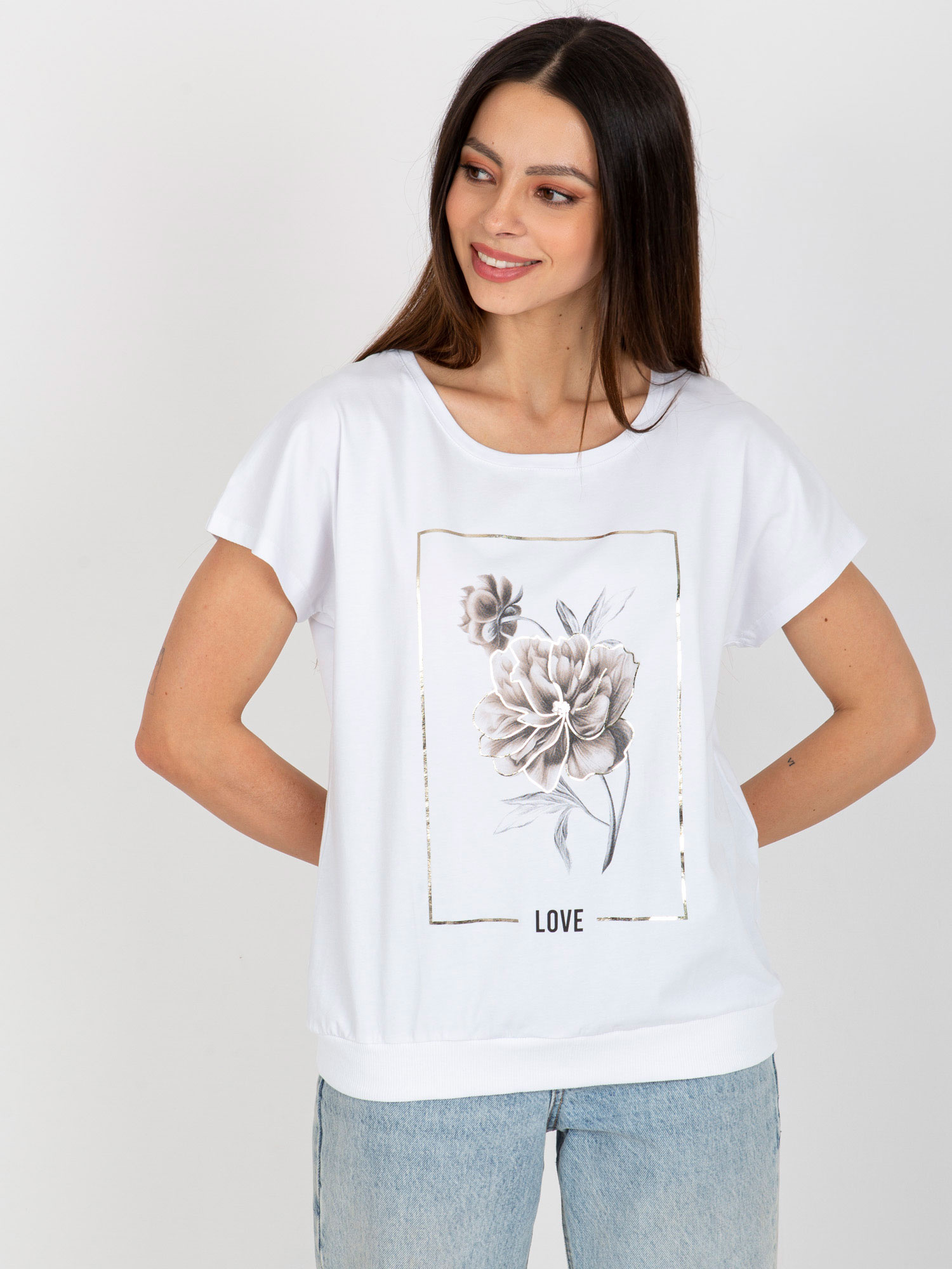 Biele tričko s potlačou kvetiny -RV-BZ-8957,77-biela Veľkosť: L/XL