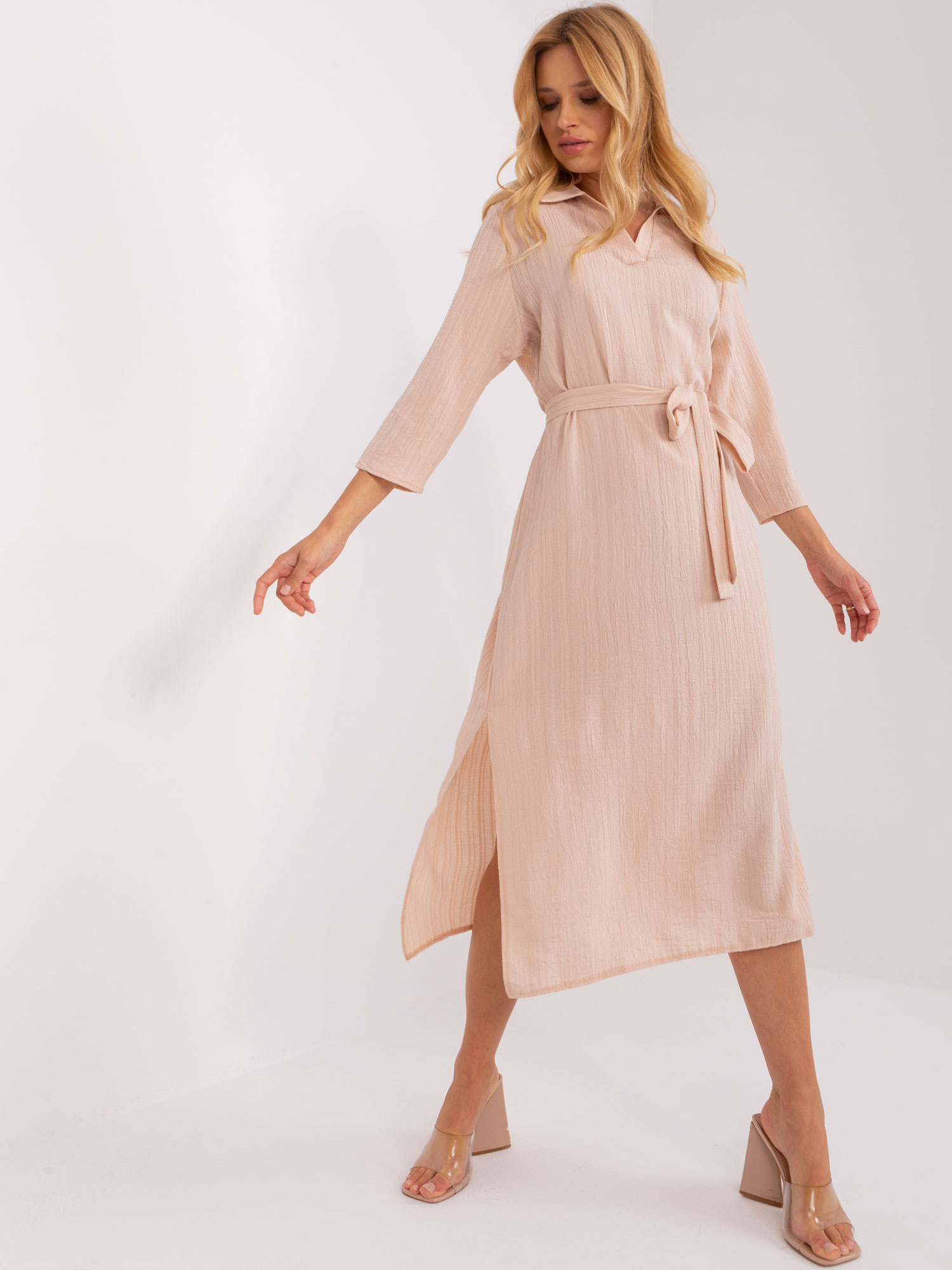 Béžové midi šaty s pásikom LK-SK-509342.33P-beige Veľkosť: M