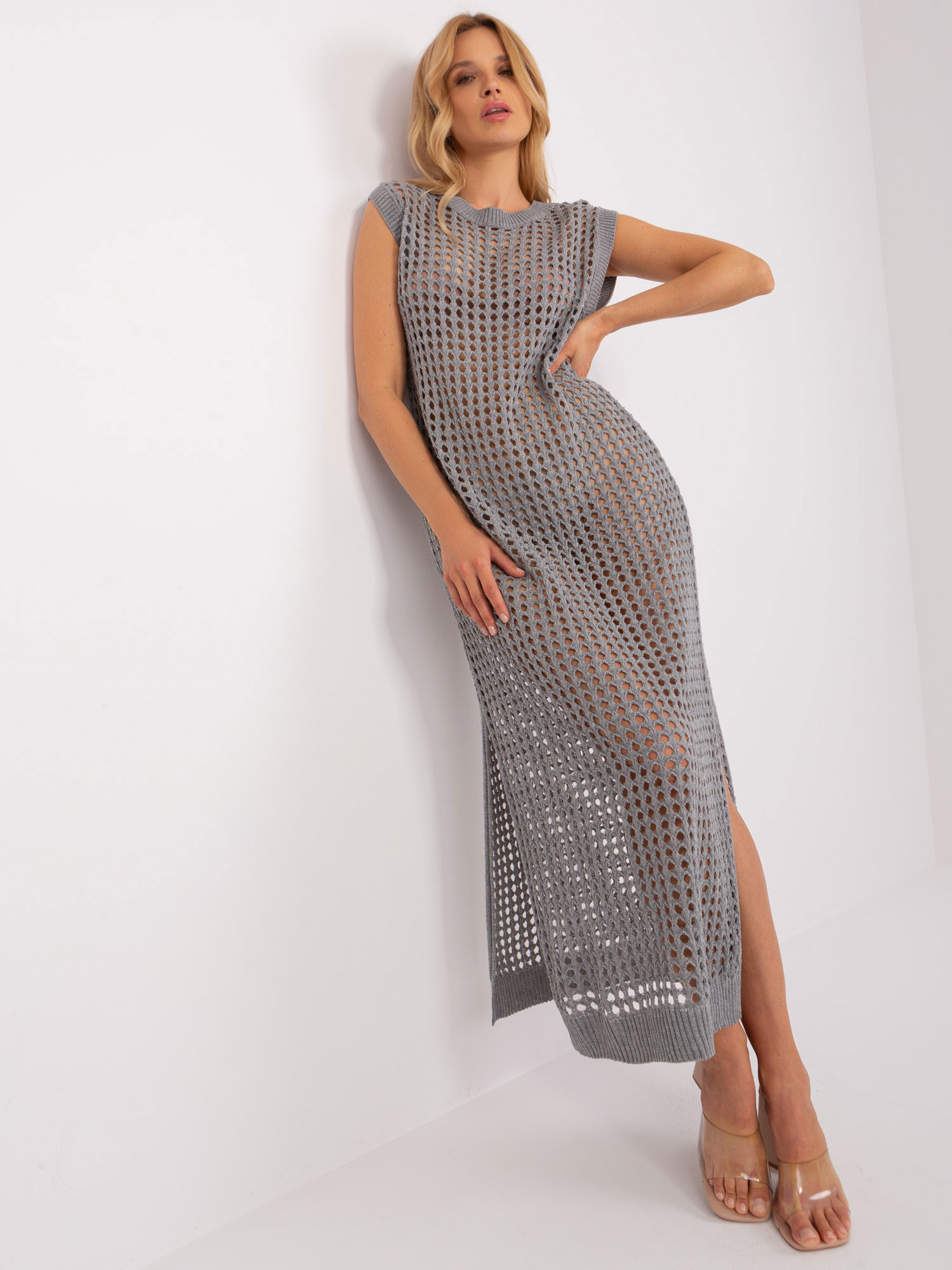 Sivé háčkované maxi šaty -BA-SK-9001.60P-grey Veľkosť: ONE SIZE