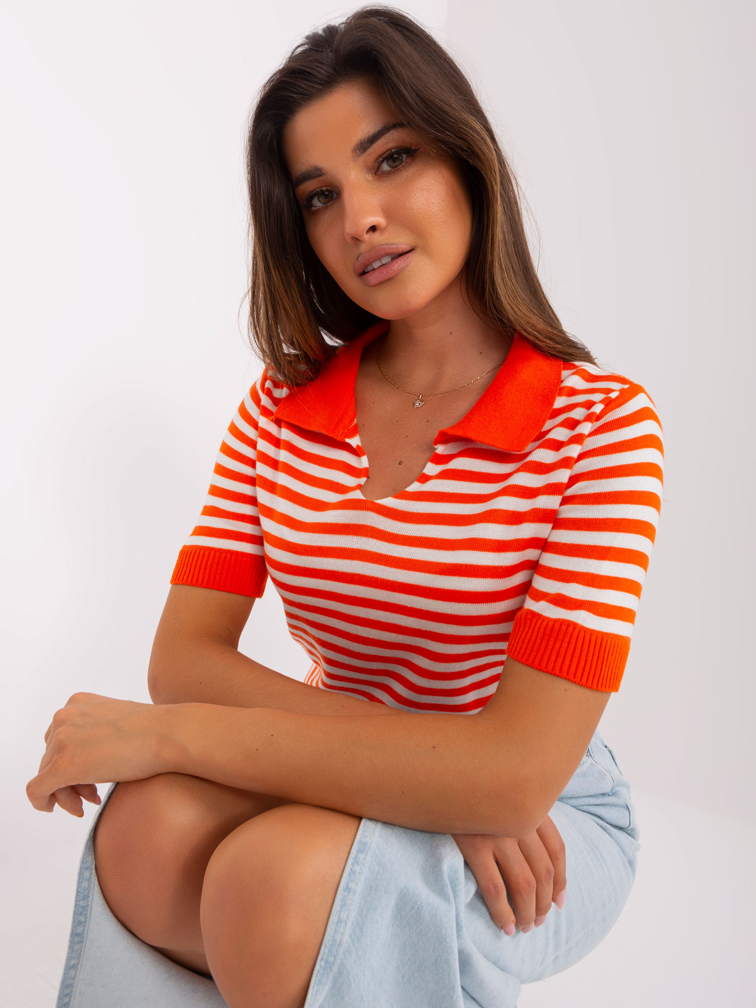 Oranžové pruhované tričko výstrihom do V -BA-BZ-1439.68-orange Veľkosť: ONE SIZE