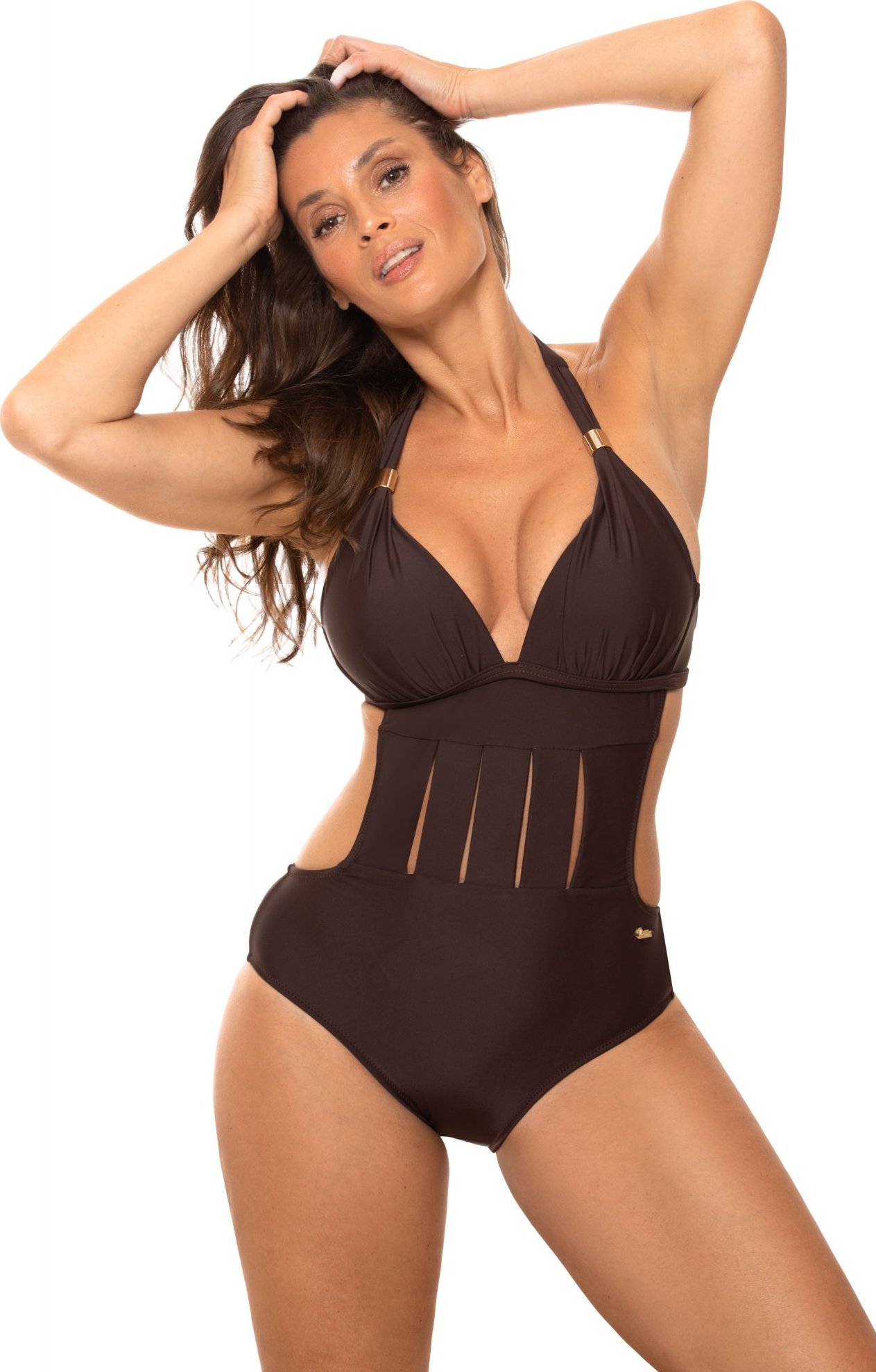 Hnedé monokiny s prestrihmi Anina M-680 (3) Veľkosť: 36