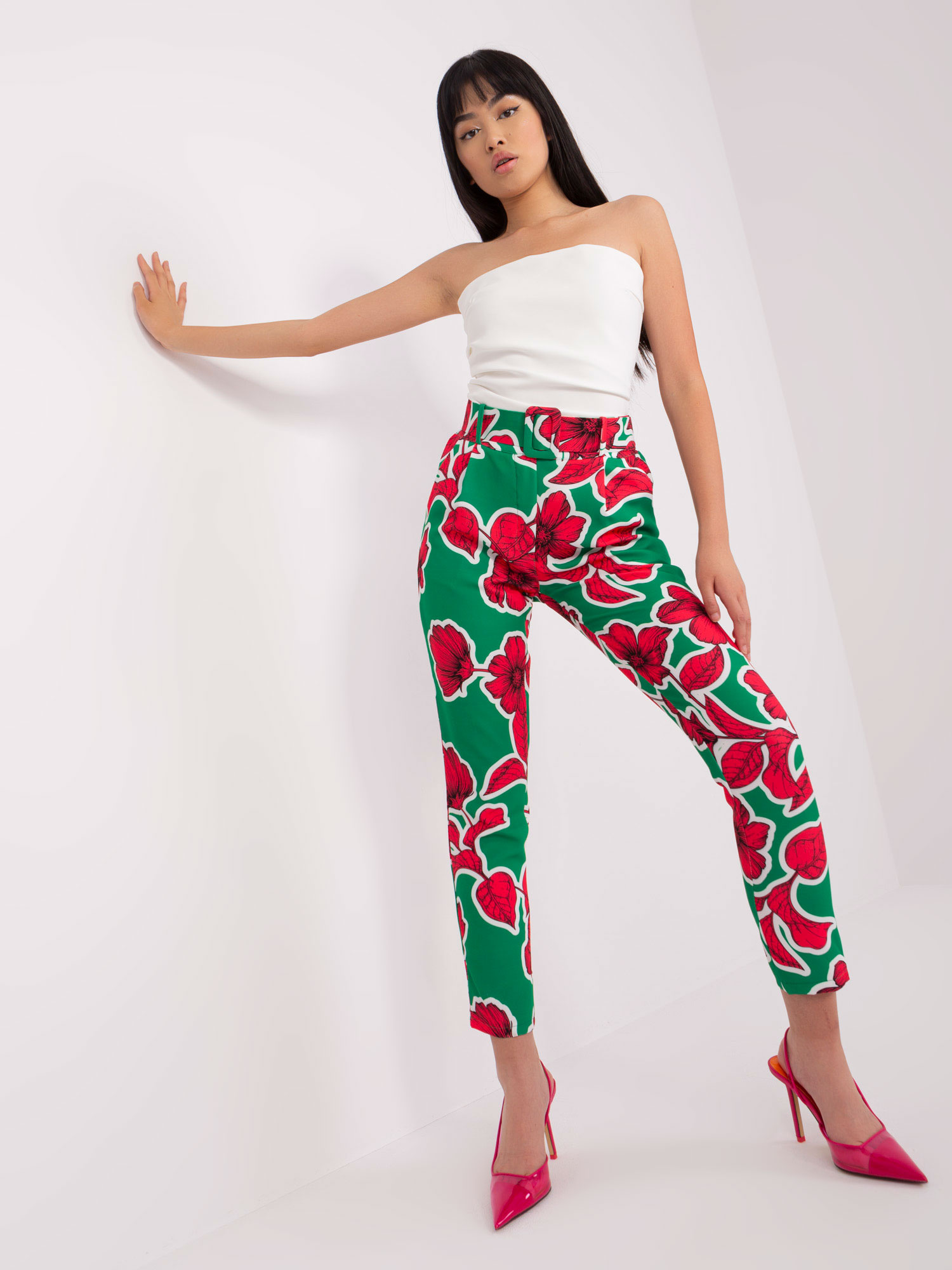 Zeleno-červené vzorované nohavice DHJ-SP-12787E.13-green Veľkosť: S