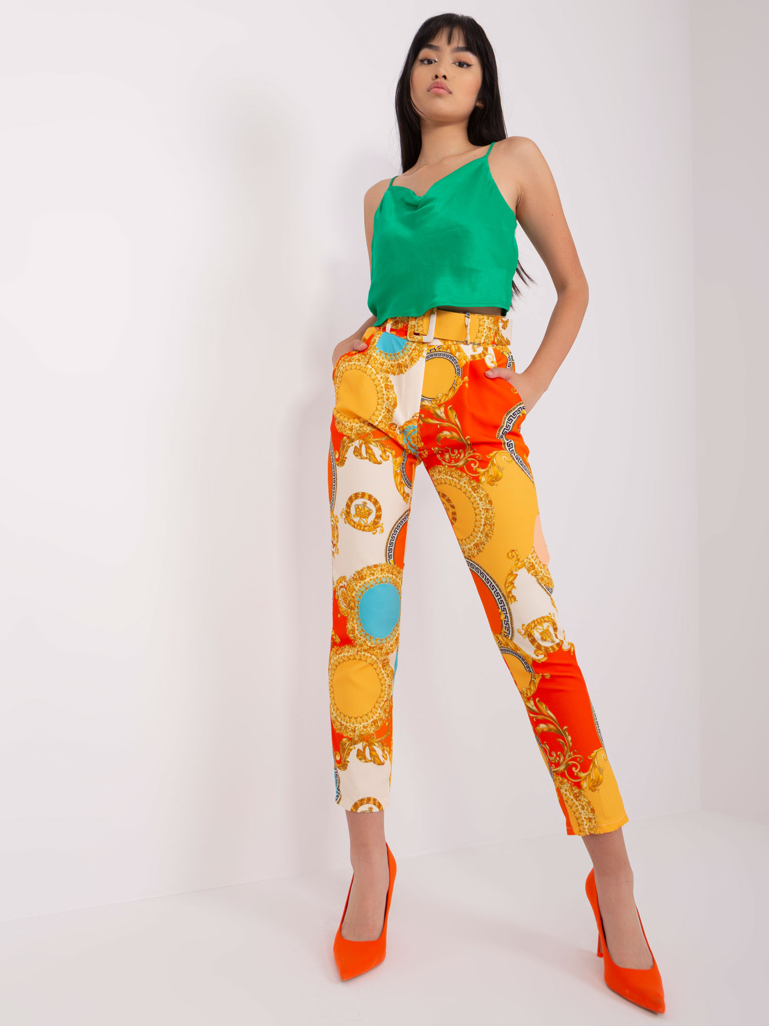 Oranžové vzorované nohavice DHJ-SP-12787D.23X-orange Veľkosť: S