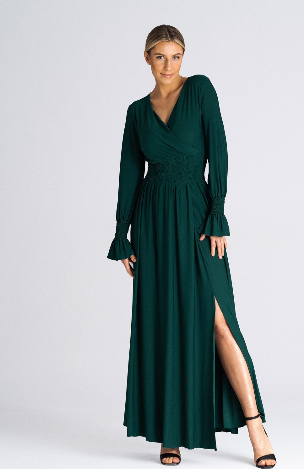 Tmavozelené maxi šaty s rozparkom M940 green Veľkosť: S/M