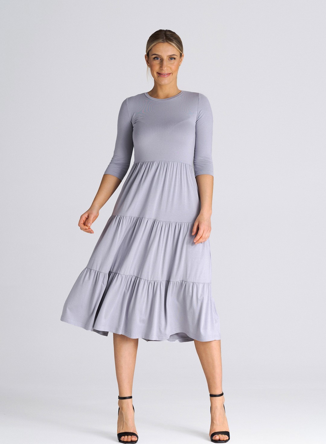 Svetlosivé midi šaty s volánmi M943 light grey Veľkosť: S