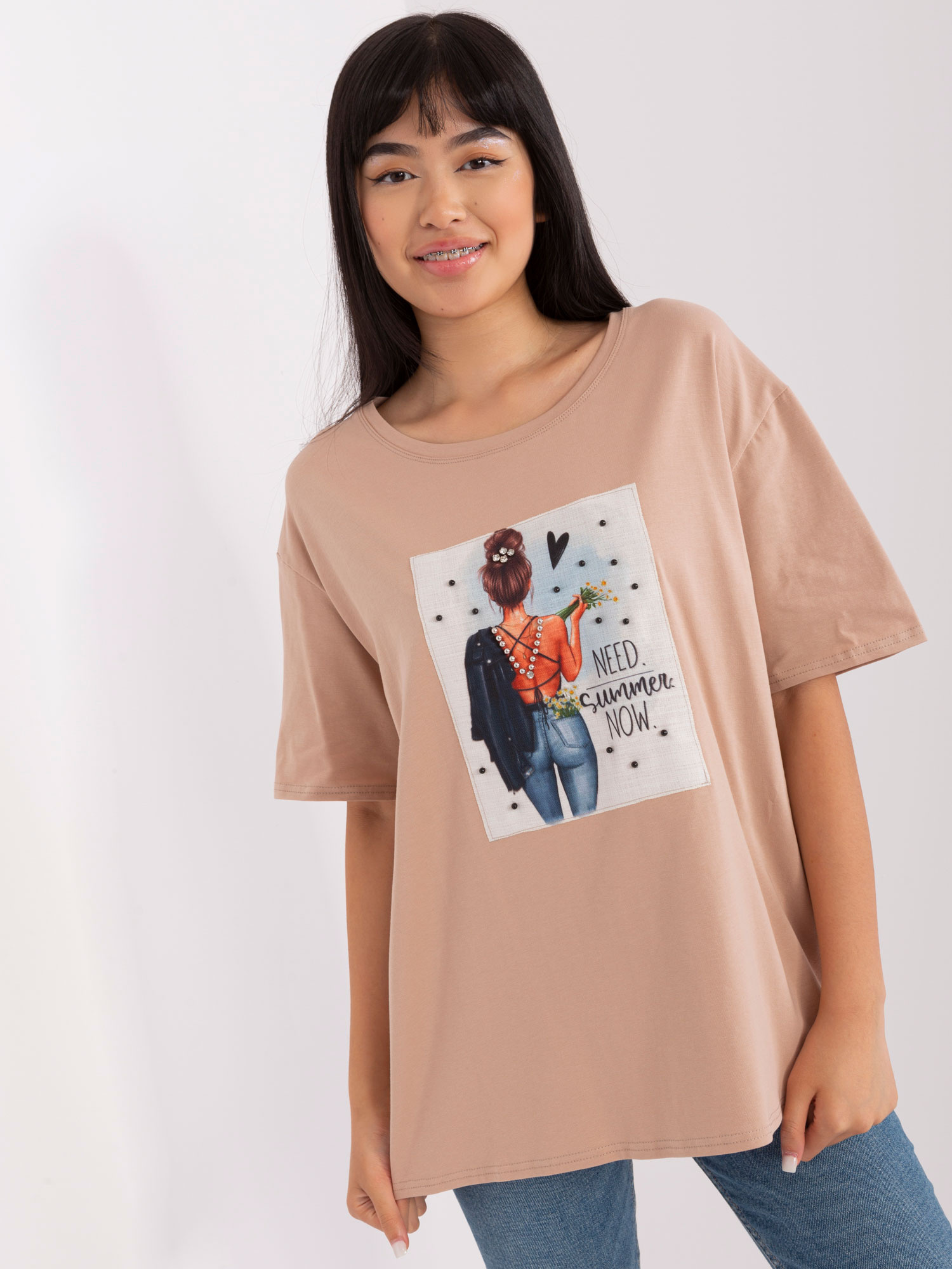 Béžové voľné tričko s potlačou -LK-TS-509353.25P-beige Veľkosť: ONE SIZE