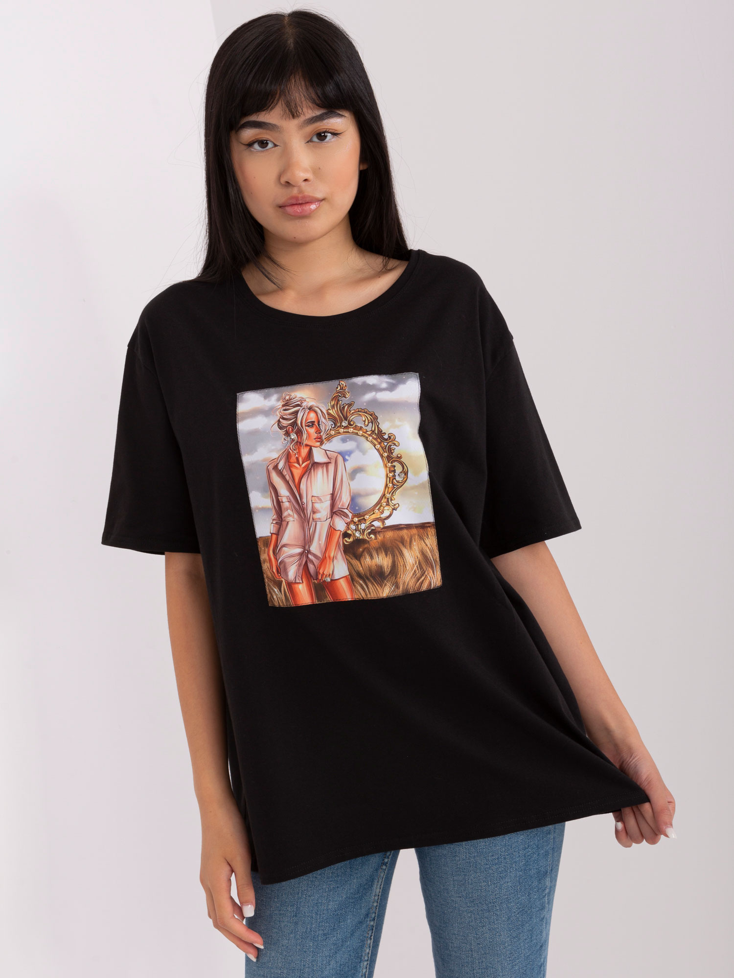 Čierne oversize tričko s potlačou LK-TS-509353-1.33P-black Veľkosť: ONE SIZE