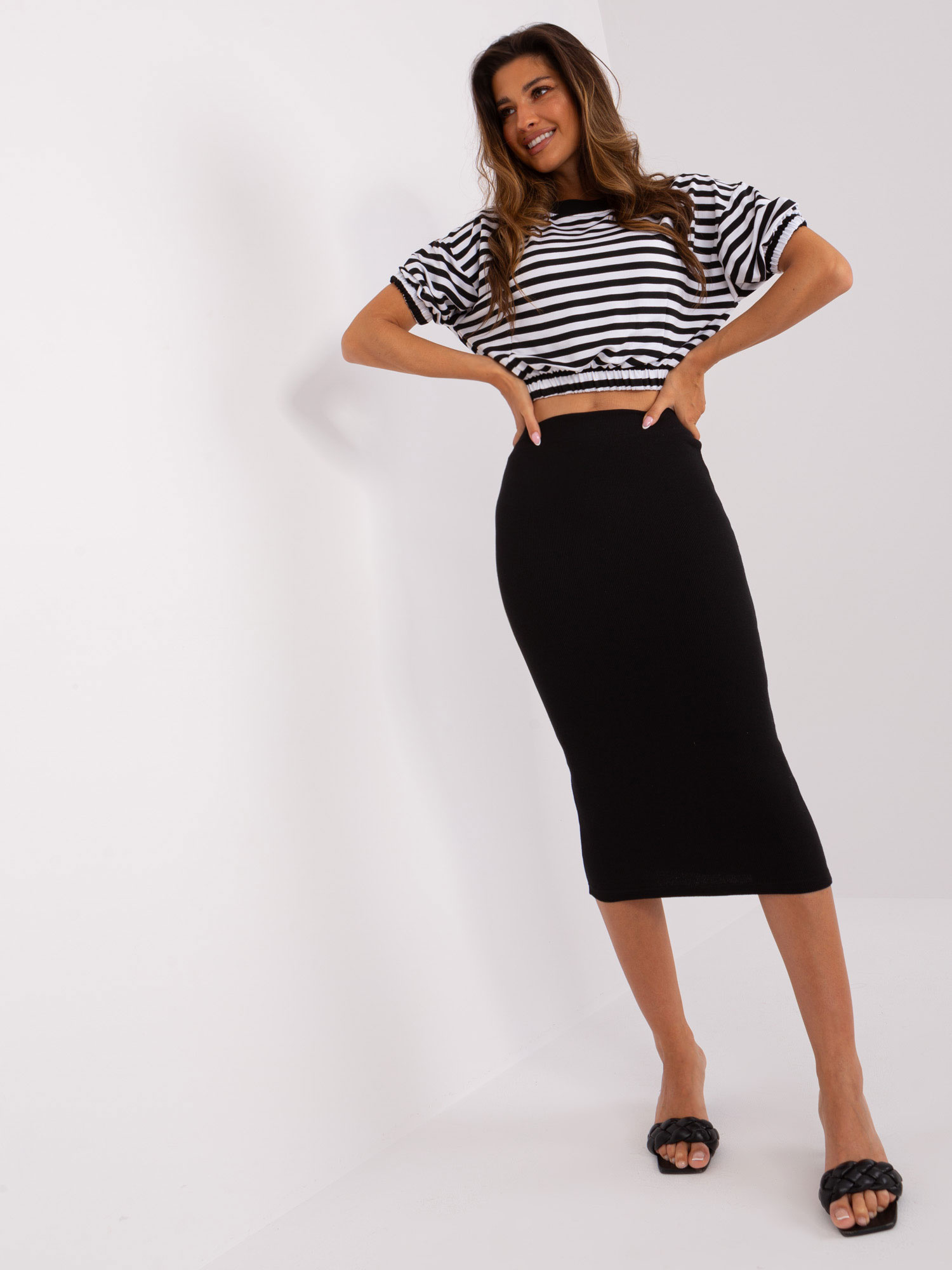 Čierny komplet s pruhovanou blúzkou EM-KMPL-827.65-black Veľkosť: ONE SIZE
