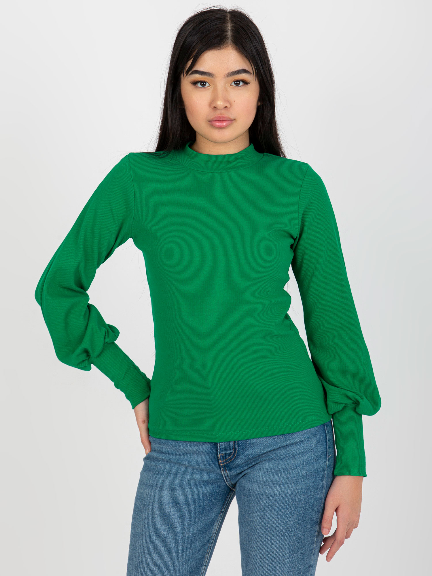 Zelené žebrované tričko s balónovými rukávy -RV-BZ-5223.15-green Veľkosť: M