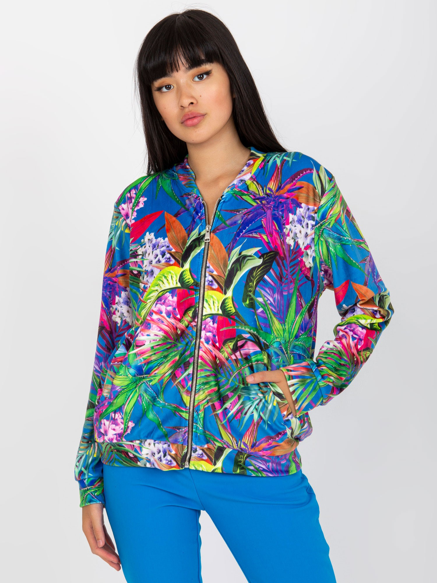 Modrá bomber mikina s potlačou listov RV-BL-8122.32-blue Veľkosť: S/M