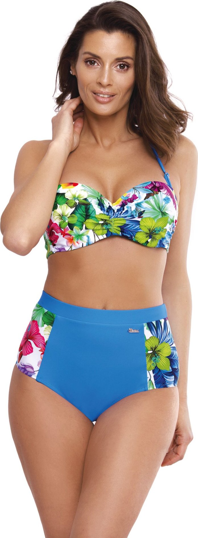 Svetlomodré bikiny s tropickým vzorom a vysokým spodkom Madison Surf M-537 (5) Veľkosť: S