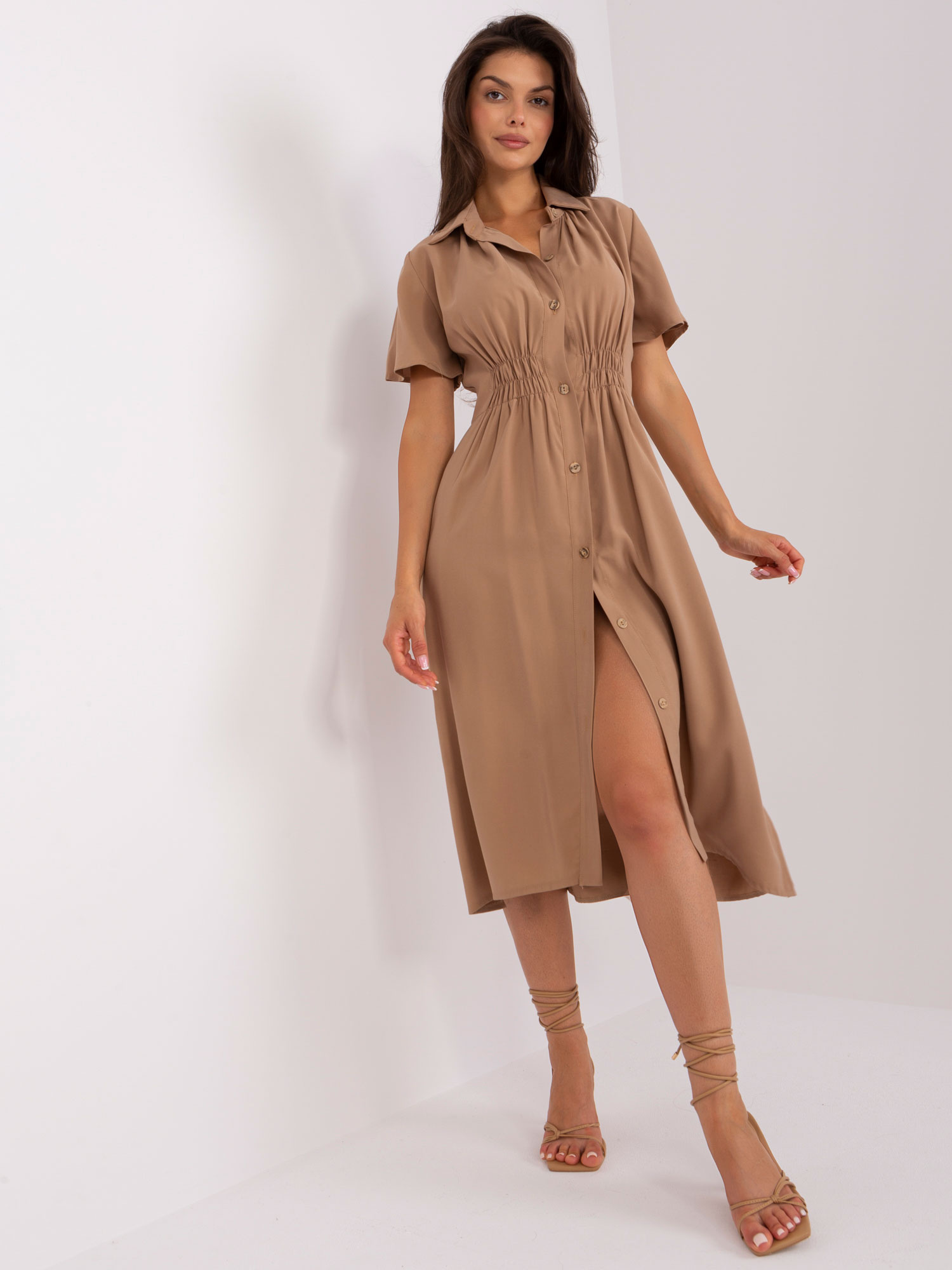 Svetlohnedé košeľové midi šaty -CHA-SK-0607.69P-camel Veľkosť: L/XL