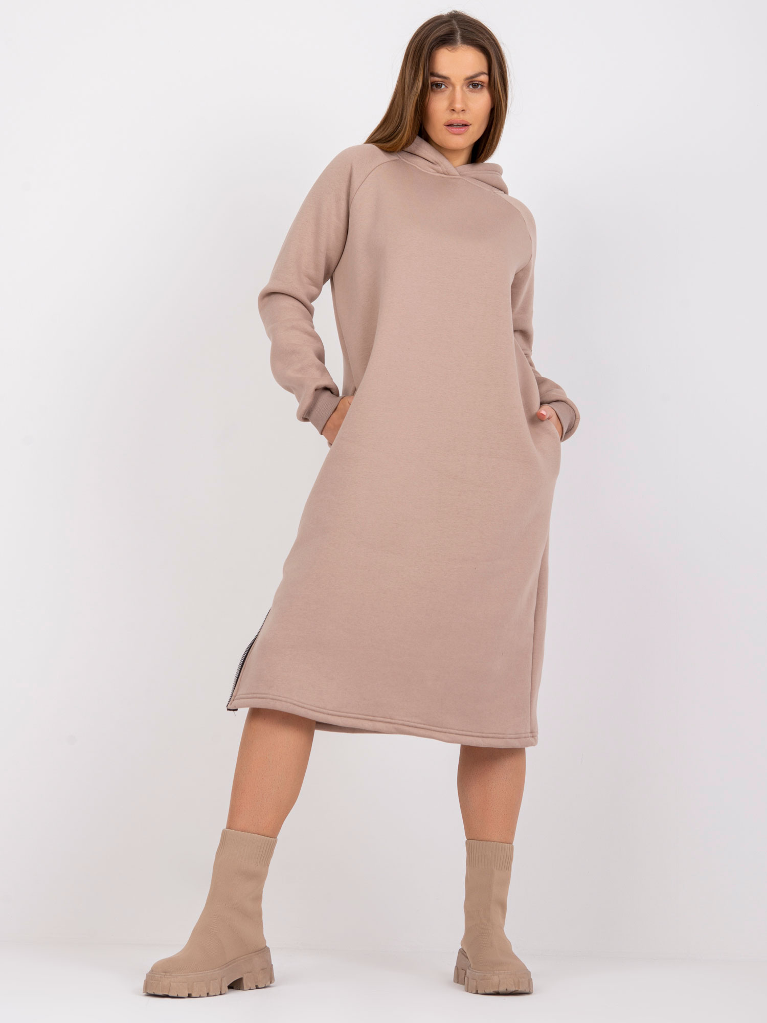 Béžové dlhé mikinové šaty Stella s kapucňou RV-SK-7463.24X-beige Veľkosť: S/M