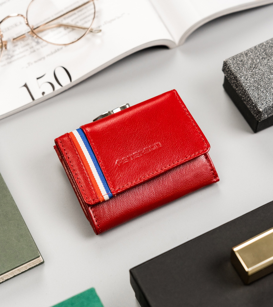 Peterson Červená malá kožená peňaženka s farebným pruhom Y252 [D] PTN RD-25-GCL-A Veľkosť: ONE SIZE