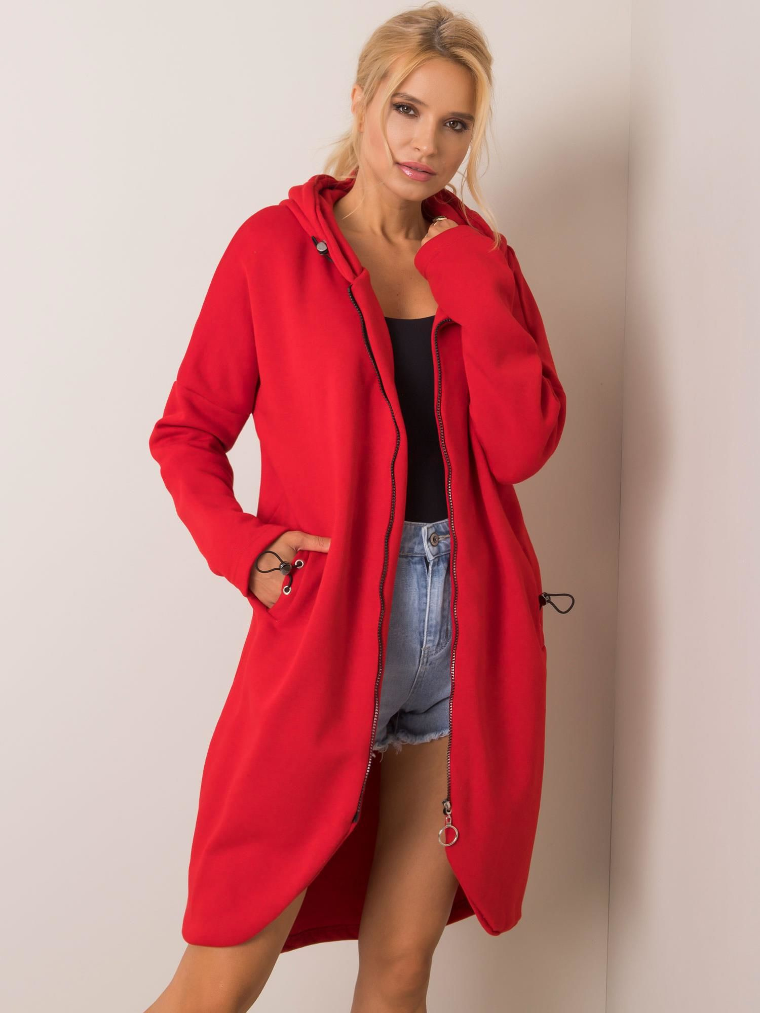 Dámska dlhá červená mikina s kapucňou RV-BL-4858-1.99P-red Veľkosť: S/M