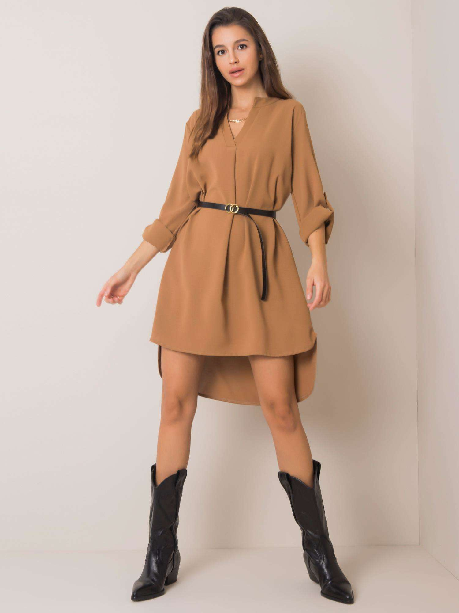 Hnedé asymetrické košeľové šaty s opaskom DHJ-SK-5766.18X-dark brown Veľkosť: ONE SIZE