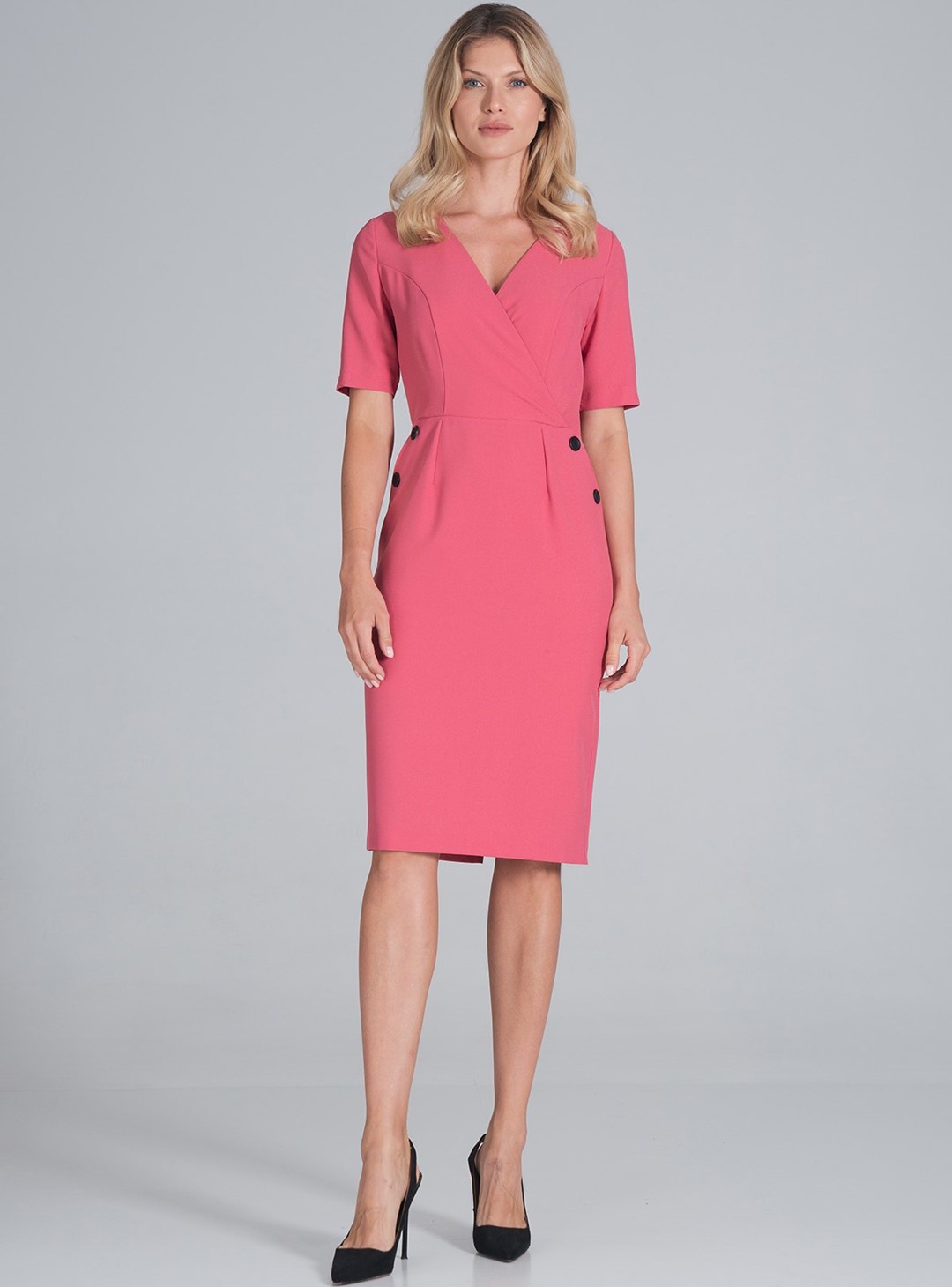 Koralové puzdrové midi šaty s gombíkmi M851 Coral Veľkosť: S