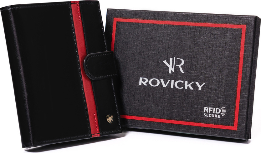 Rovicky Čierna kožená peňaženka so zapínaním a červeným pruhom L182 [DH] N4L-RVTP-2985 Bla Veľkosť: ONE SIZE