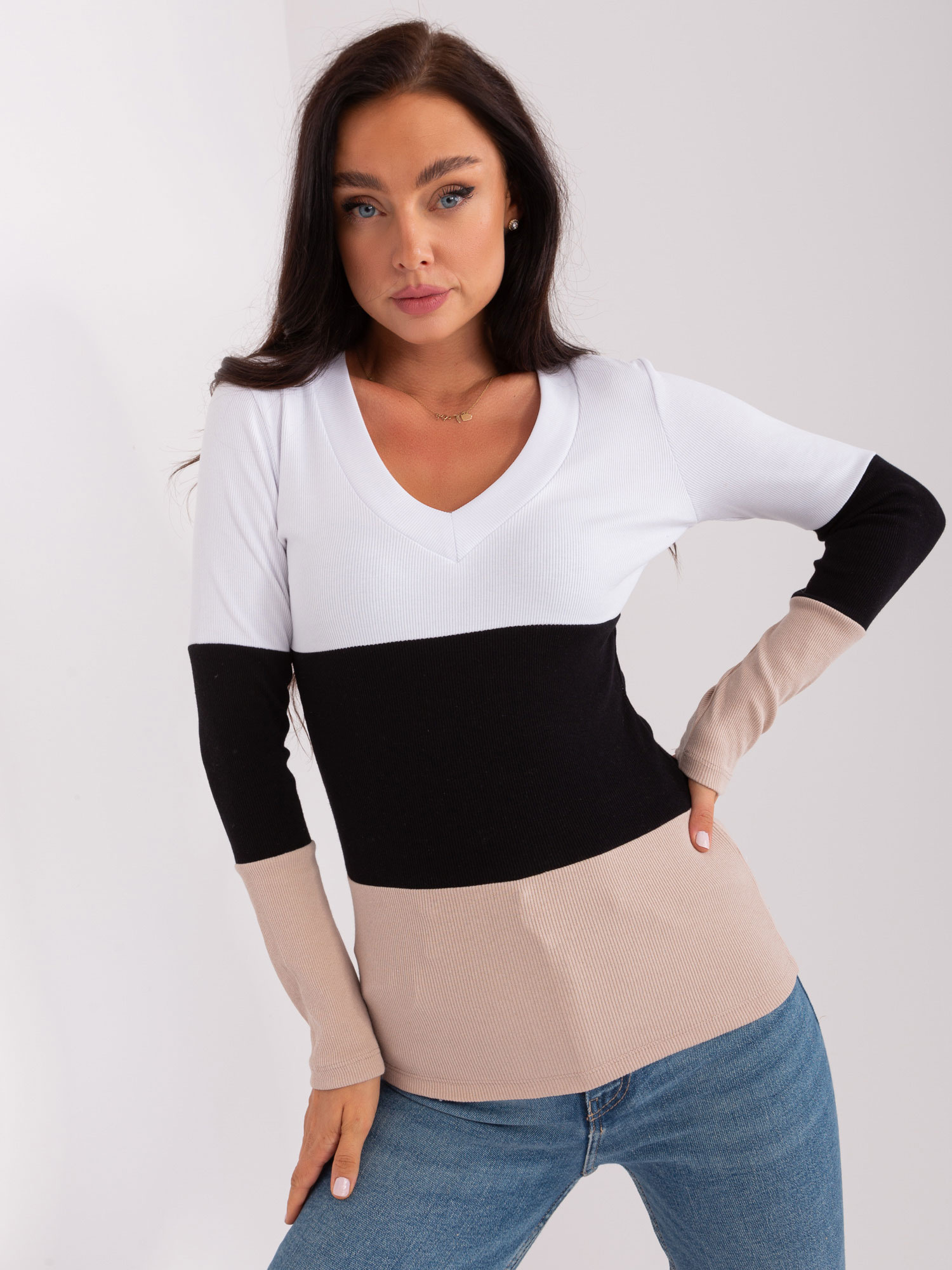 Rebrované tričko - biela/čierna/béžová RV-BZ-8431-1.14P-black-beige Veľkosť: ONE SIZE