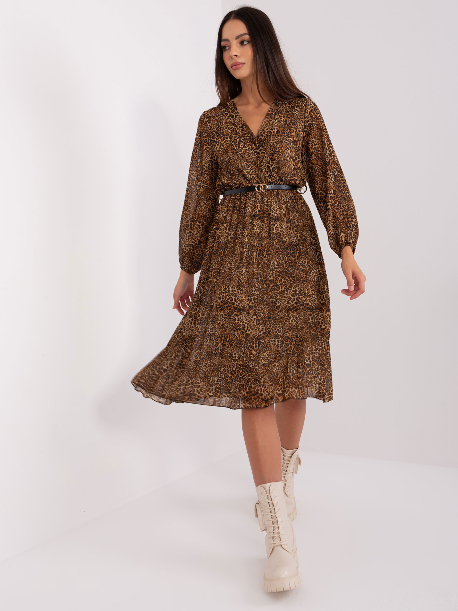 Leopardie plisované midi šaty s pásikom DHJ-SK-10536N-3.31X-brown Veľkosť: ONE SIZE