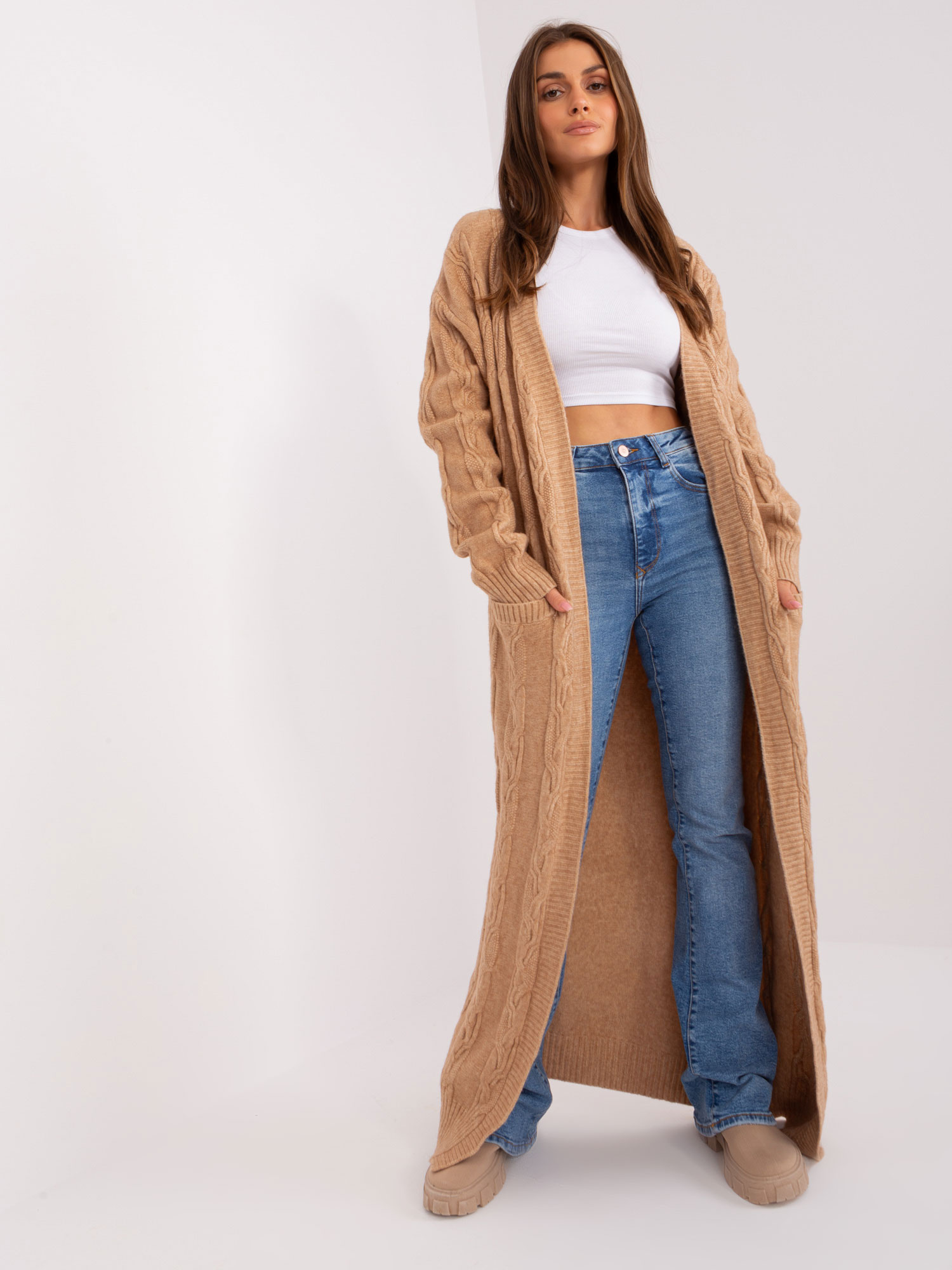 Béžový dlhý Kardigan AT-SW-2395.30-camel Veľkosť: ONE SIZE