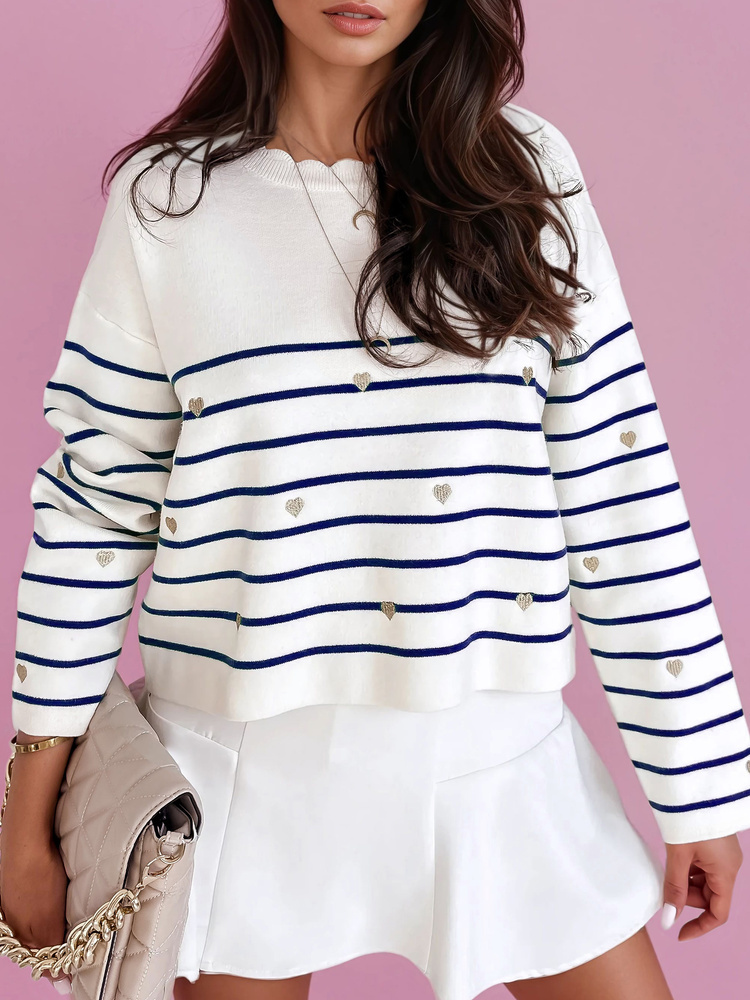 Bielo-modrý pruhovaný sveter so srdiečkami VELORIA MY2028 Veľkosť: ONE SIZE