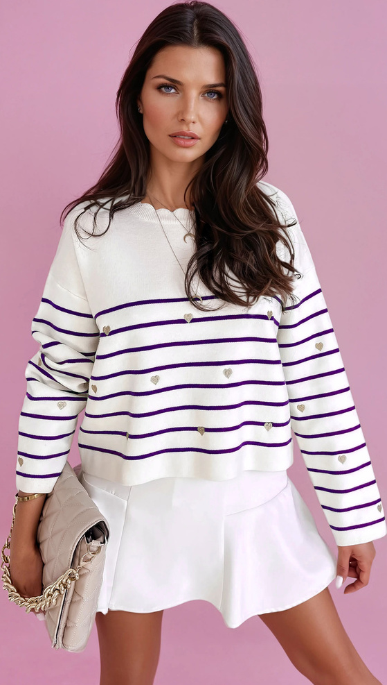 Bielo-fialový pruhovaný sveter so srdiečkami VELORIA MY2029 Veľkosť: ONE SIZE