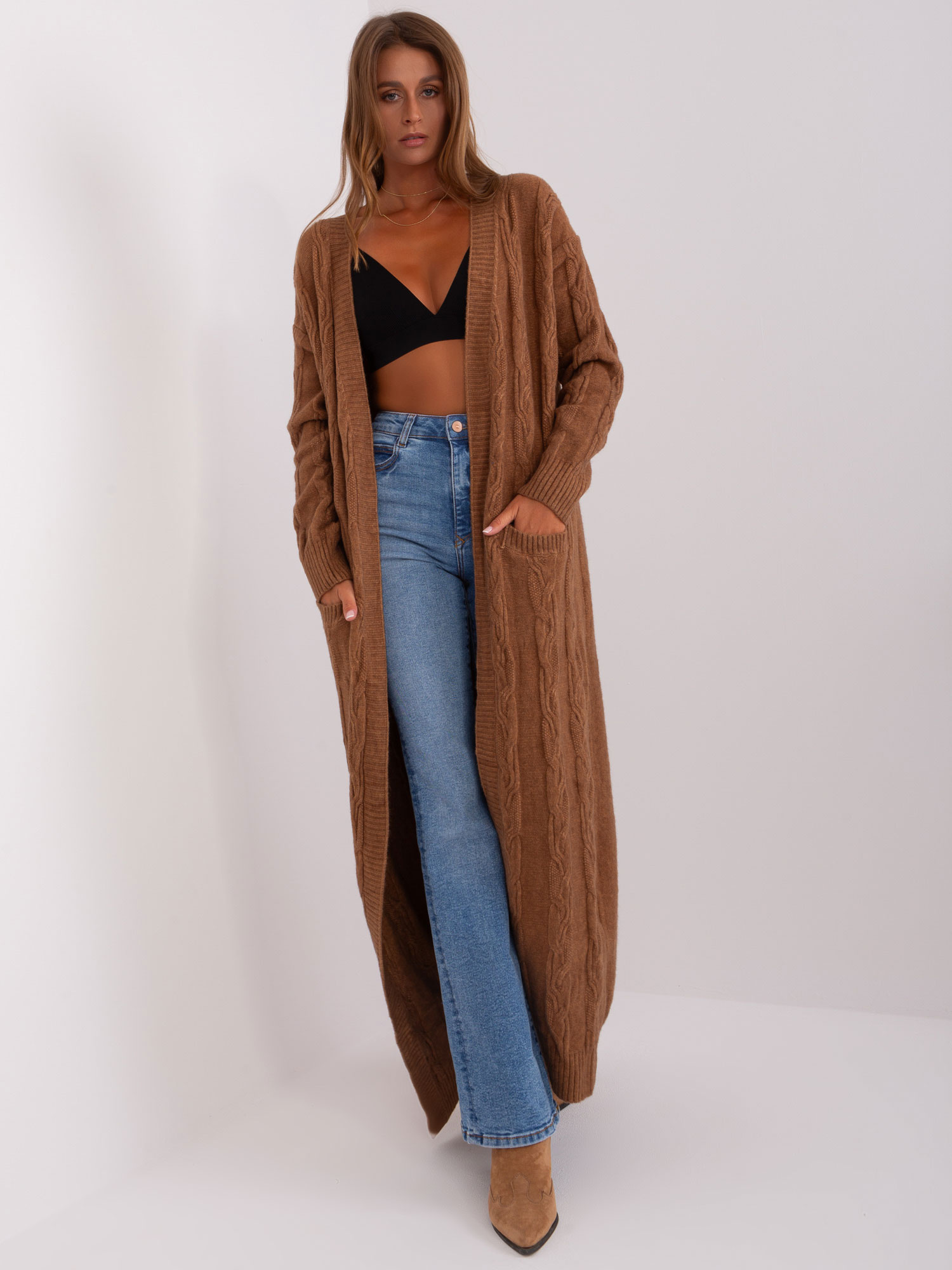 Hnedý dlhý Kardigán AT-SW-2395.30-brown Veľkosť: ONE SIZE