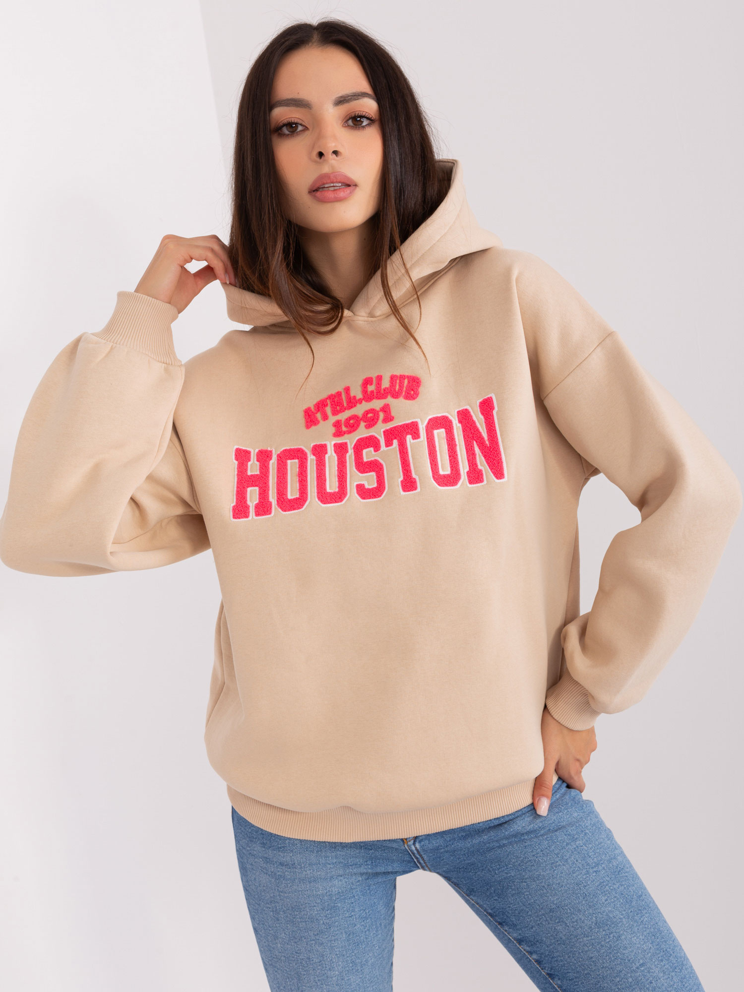 Béžová mikina s nápisom a kapucňou HOUSTON EM-BL-656-2.13X-beige Veľkosť: ONE SIZE