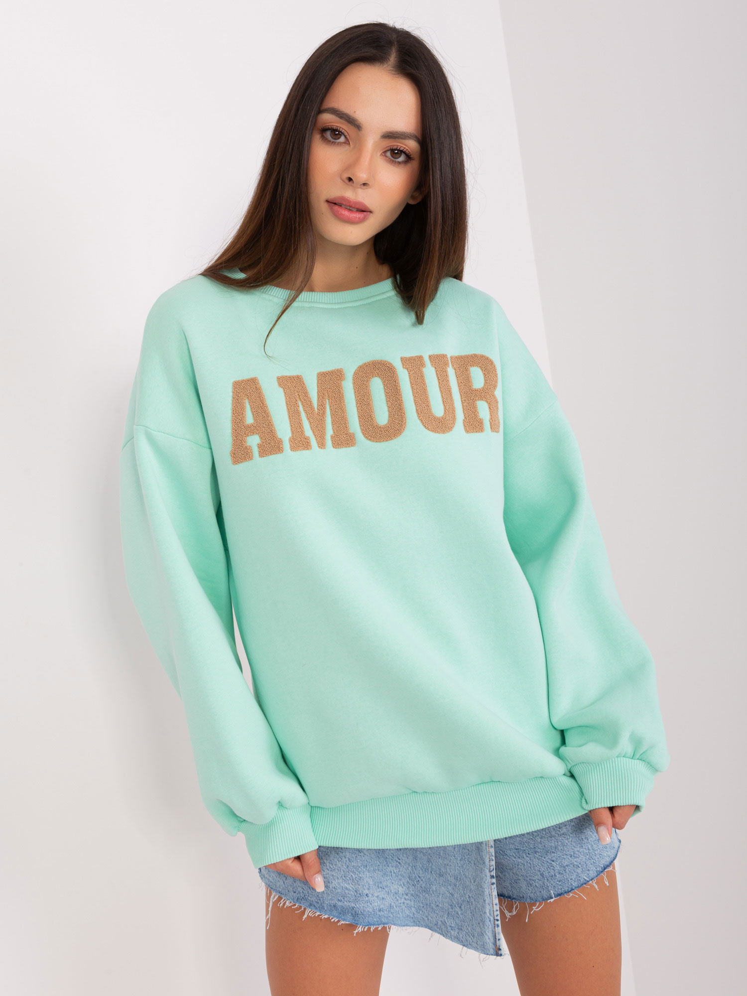 Mintová mikina s nápisom Amour EM-BL-617-10.71-mint Veľkosť: ONE SIZE