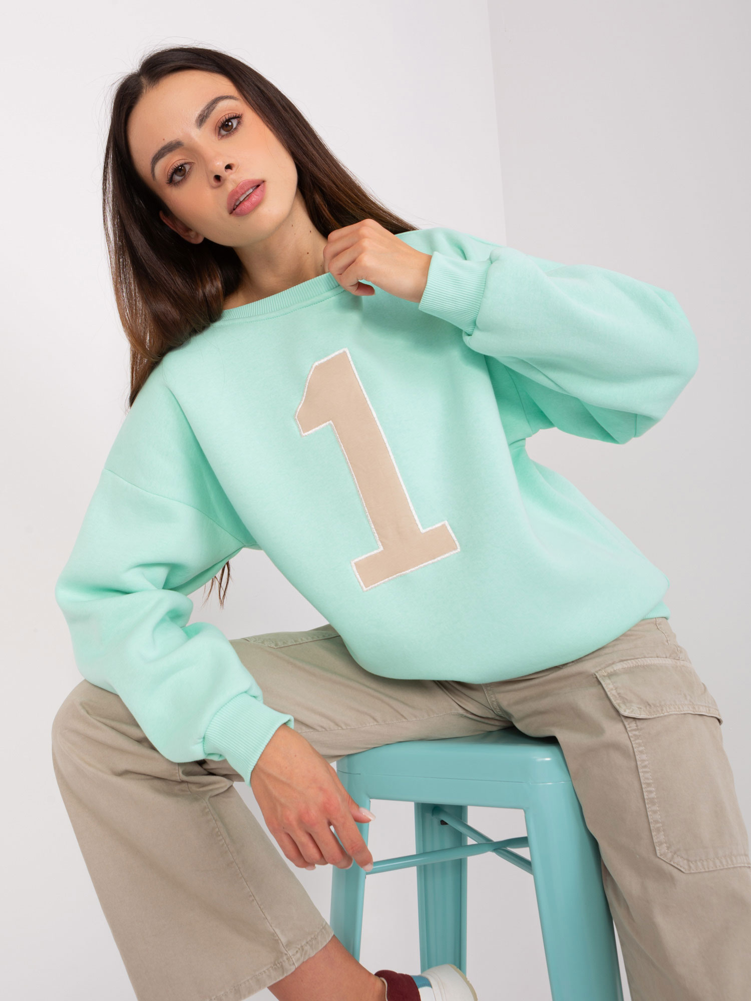 Mintová mikina bez kapucne s číslicou EM-BL-617-9.11X-mint Veľkosť: ONE SIZE